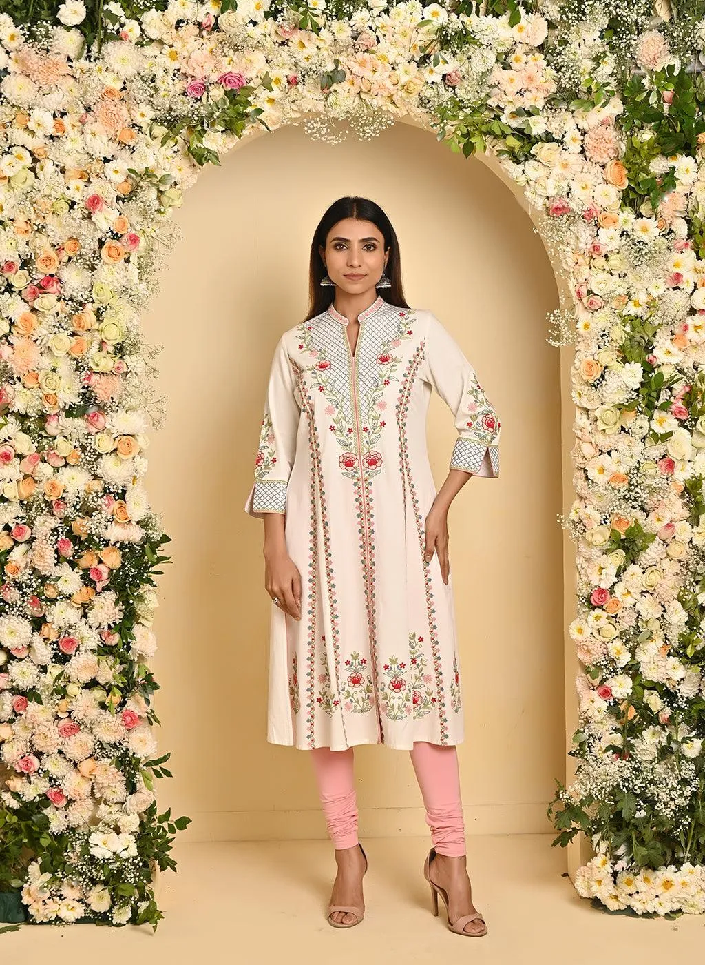 Ivory Long Kurta with All-over work and Mandarin Collar
