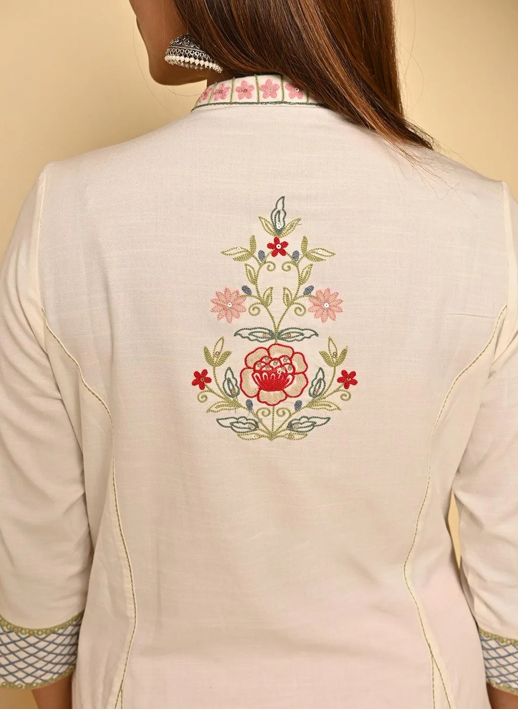 Ivory Long Kurta with All-over work and Mandarin Collar