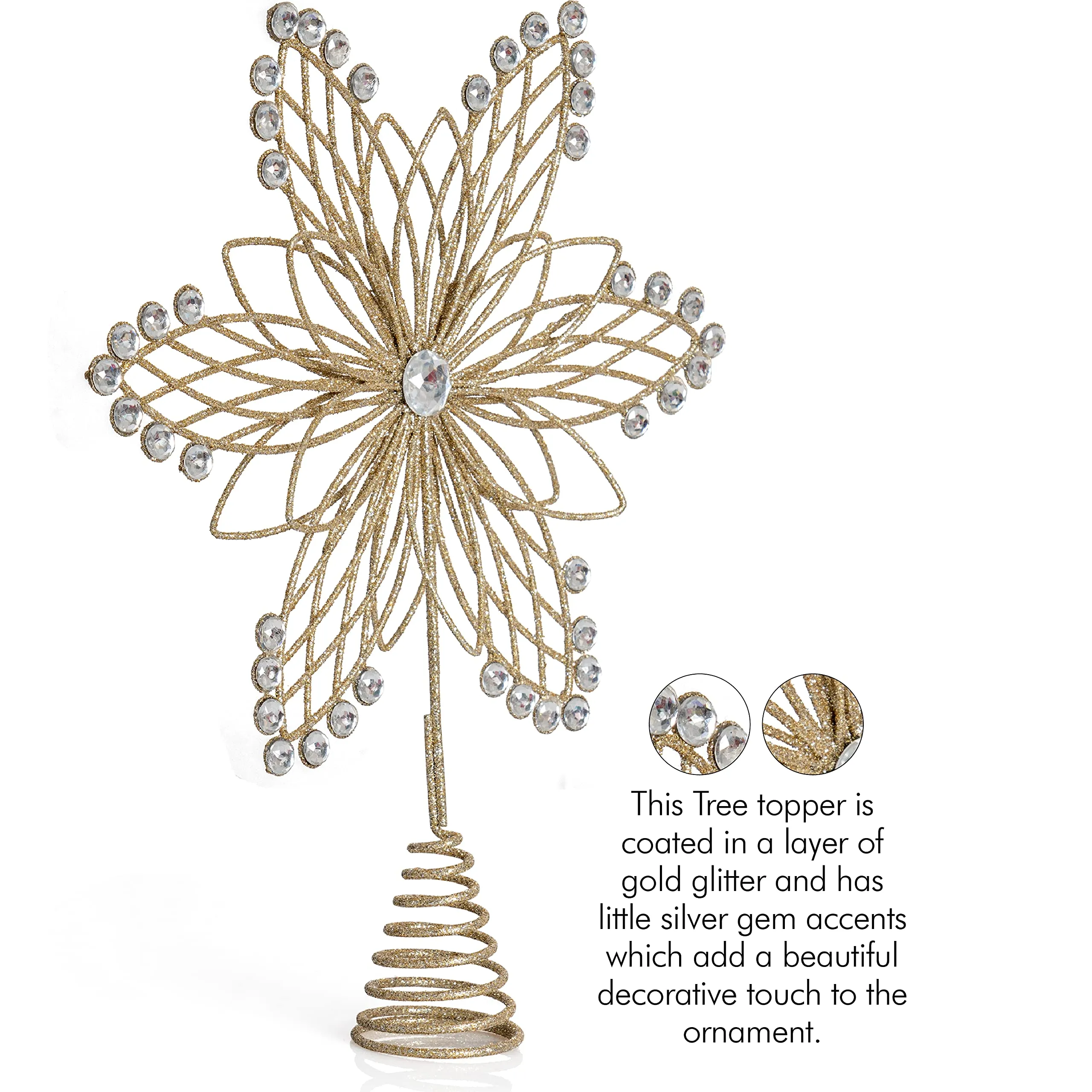 Jewel Flower Tree Topper - Gold Glitter Sparkling Metal Wire Star Flower Topper with Sparkly Gem Finish Christmas Tree Top Ornament Decoration