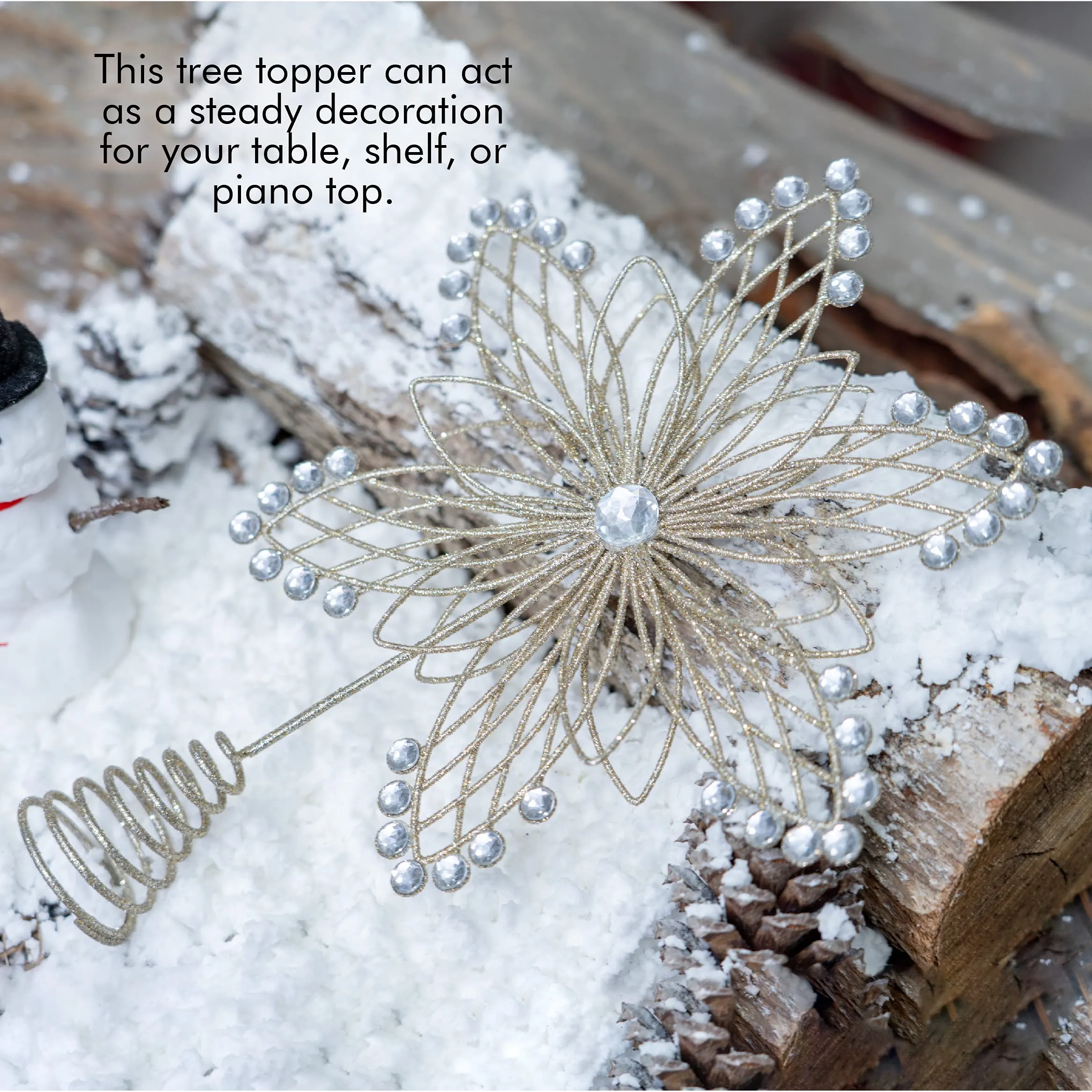 Jewel Flower Tree Topper - Gold Glitter Sparkling Metal Wire Star Flower Topper with Sparkly Gem Finish Christmas Tree Top Ornament Decoration