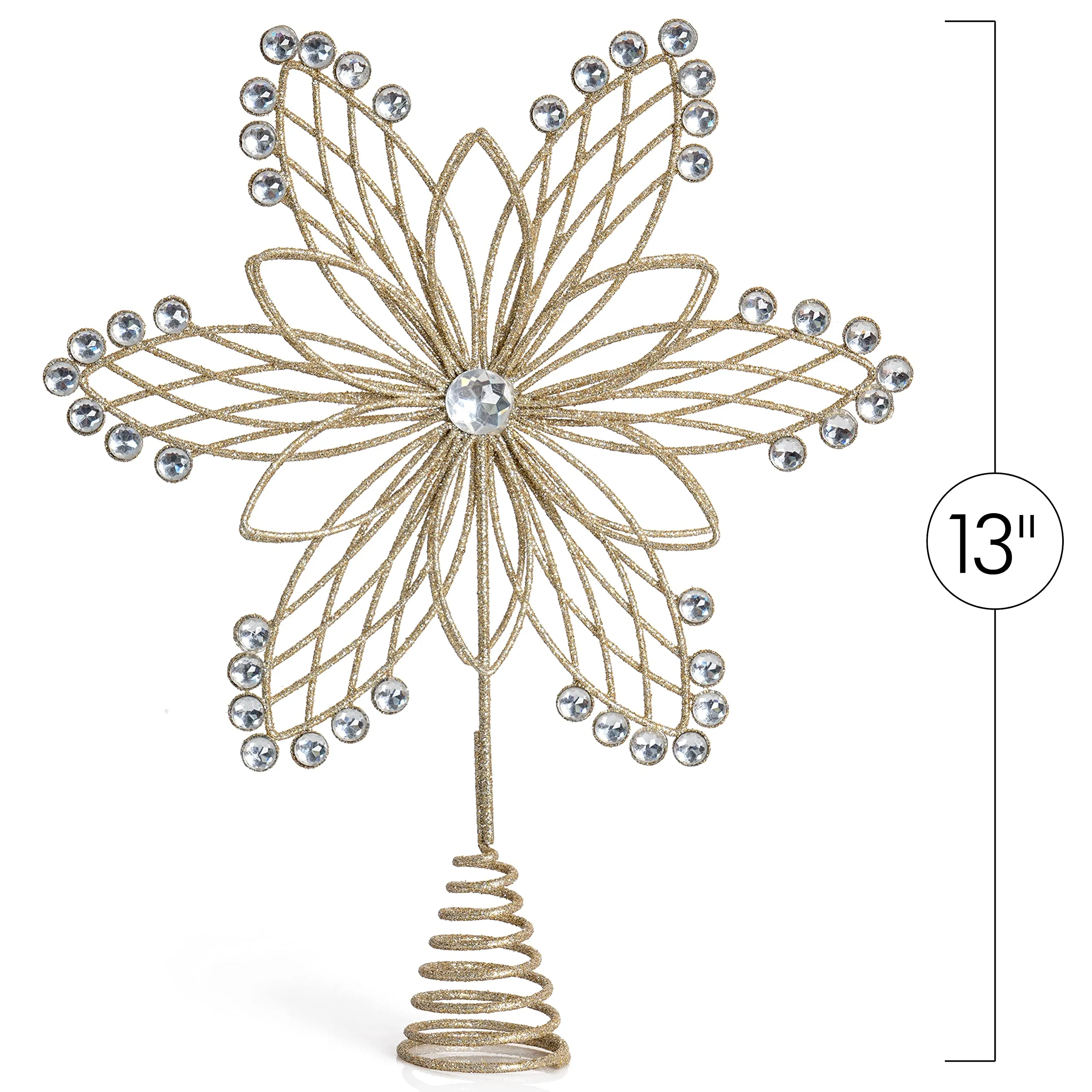 Jewel Flower Tree Topper - Gold Glitter Sparkling Metal Wire Star Flower Topper with Sparkly Gem Finish Christmas Tree Top Ornament Decoration