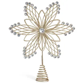 Jewel Flower Tree Topper - Gold Glitter Sparkling Metal Wire Star Flower Topper with Sparkly Gem Finish Christmas Tree Top Ornament Decoration