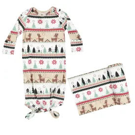 Knotted Gown & Swaddle Set - Reindeer Fair Isle