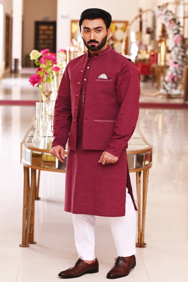 Mens Premium Slub Maroon Waistcoat - Elegant and Stylish