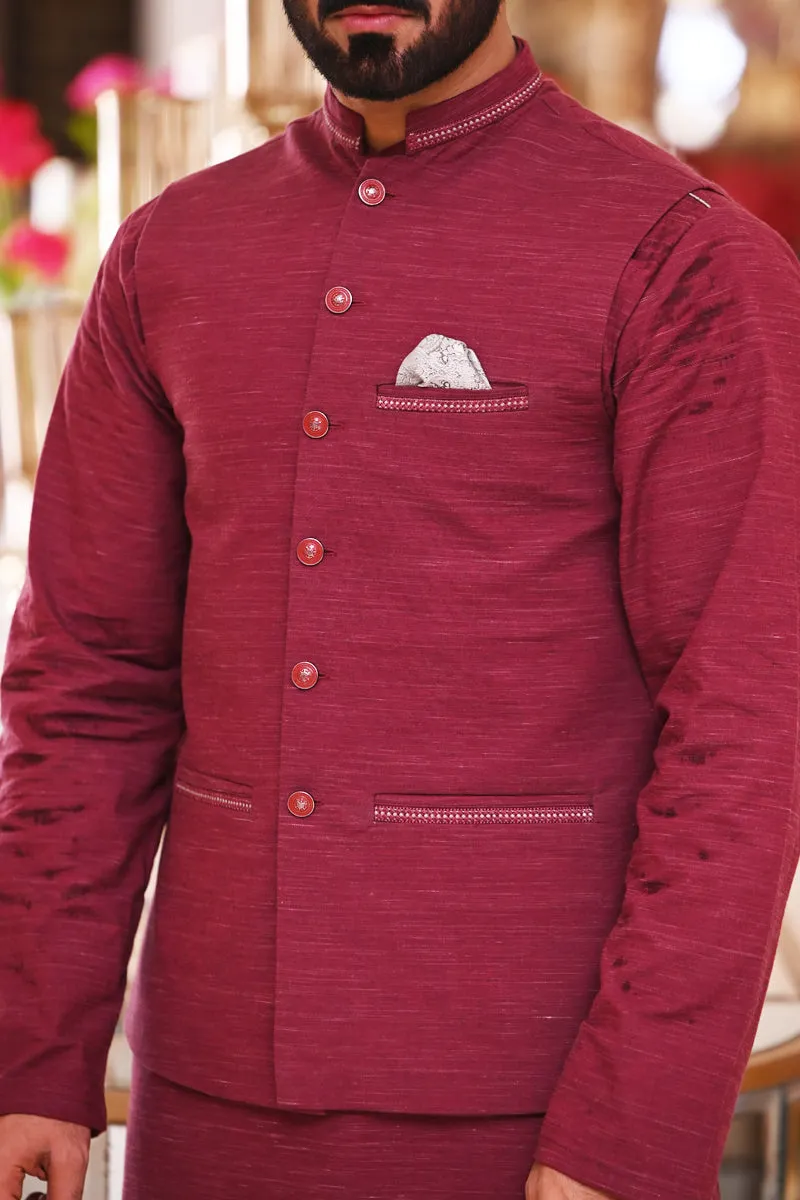 Mens Premium Slub Maroon Waistcoat - Elegant and Stylish