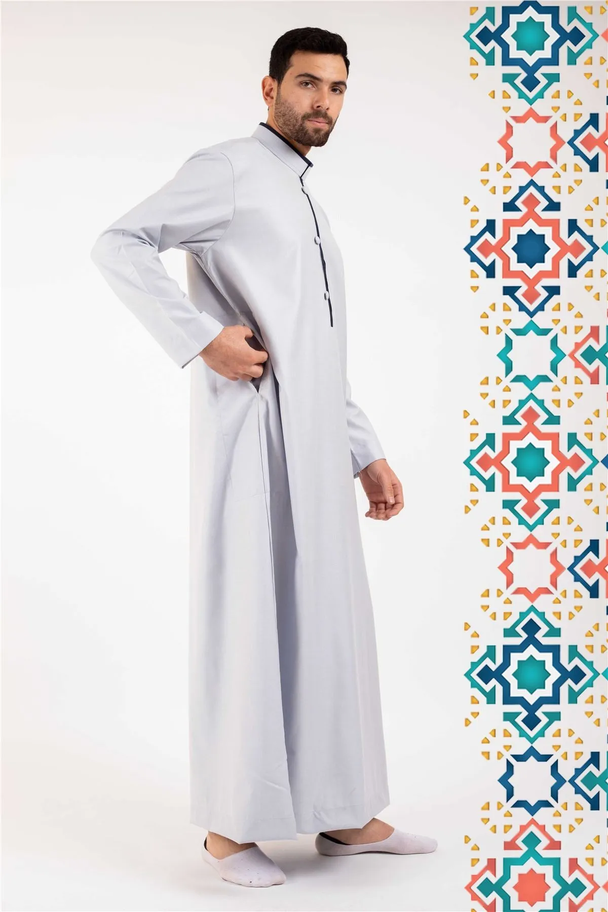 Men's Thobe Jubba Islamic Clothing Muslim Kaftan Emirati Omani Stand Collar