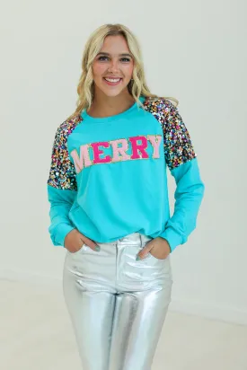 Merry Turquoise Sequin Sleeve Sweater
