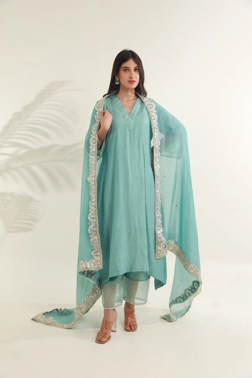 Mint Green Chanderi Straight  Set