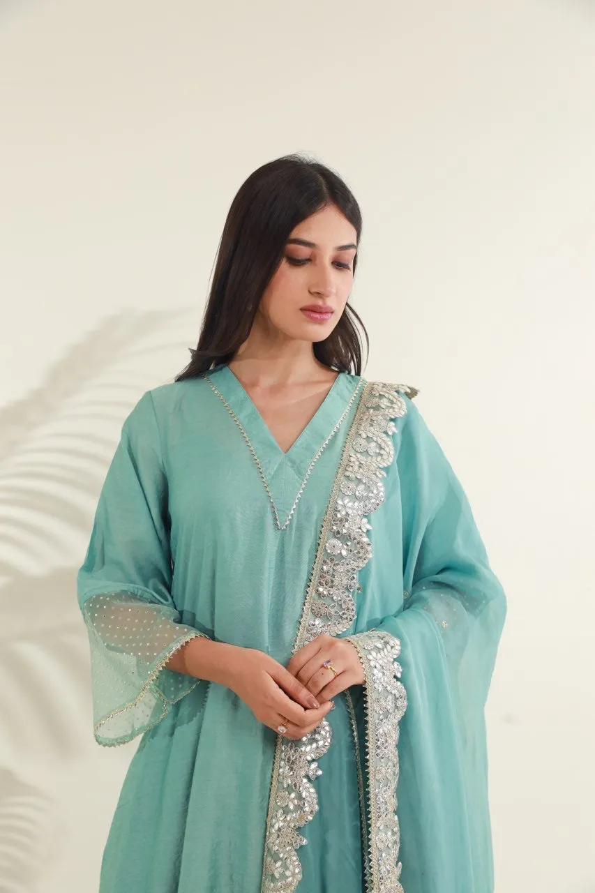 Mint Green Chanderi Straight  Set
