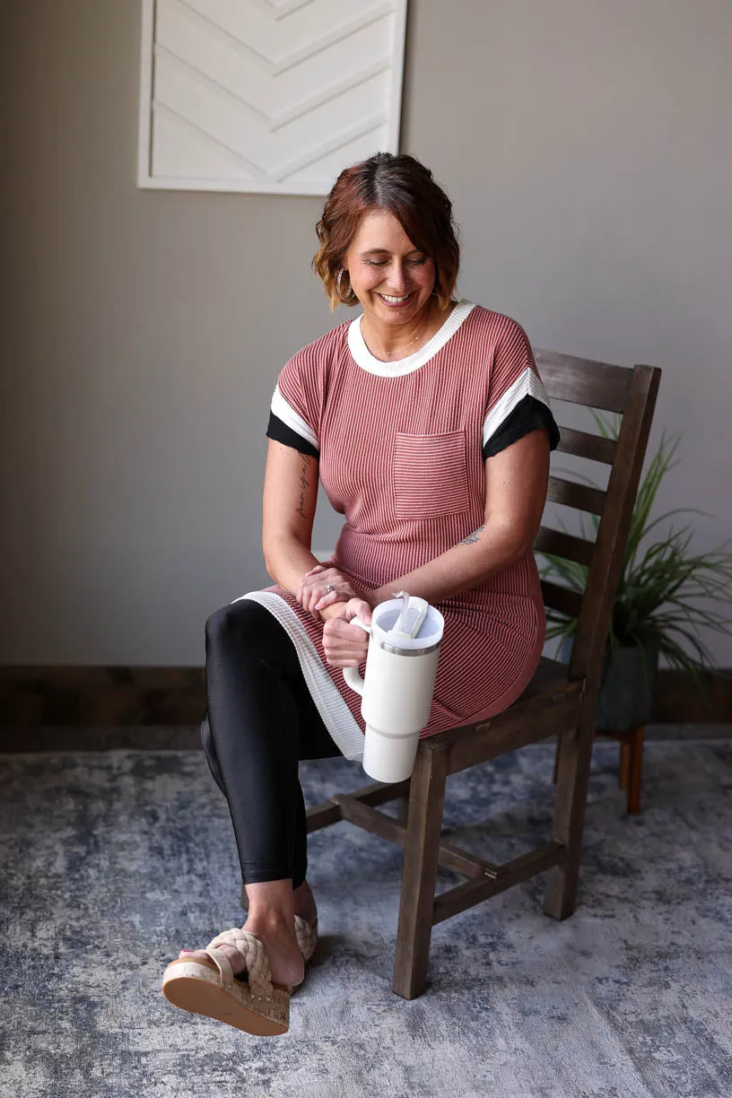 Mocha Textured Colorblock T-Shirt Dress