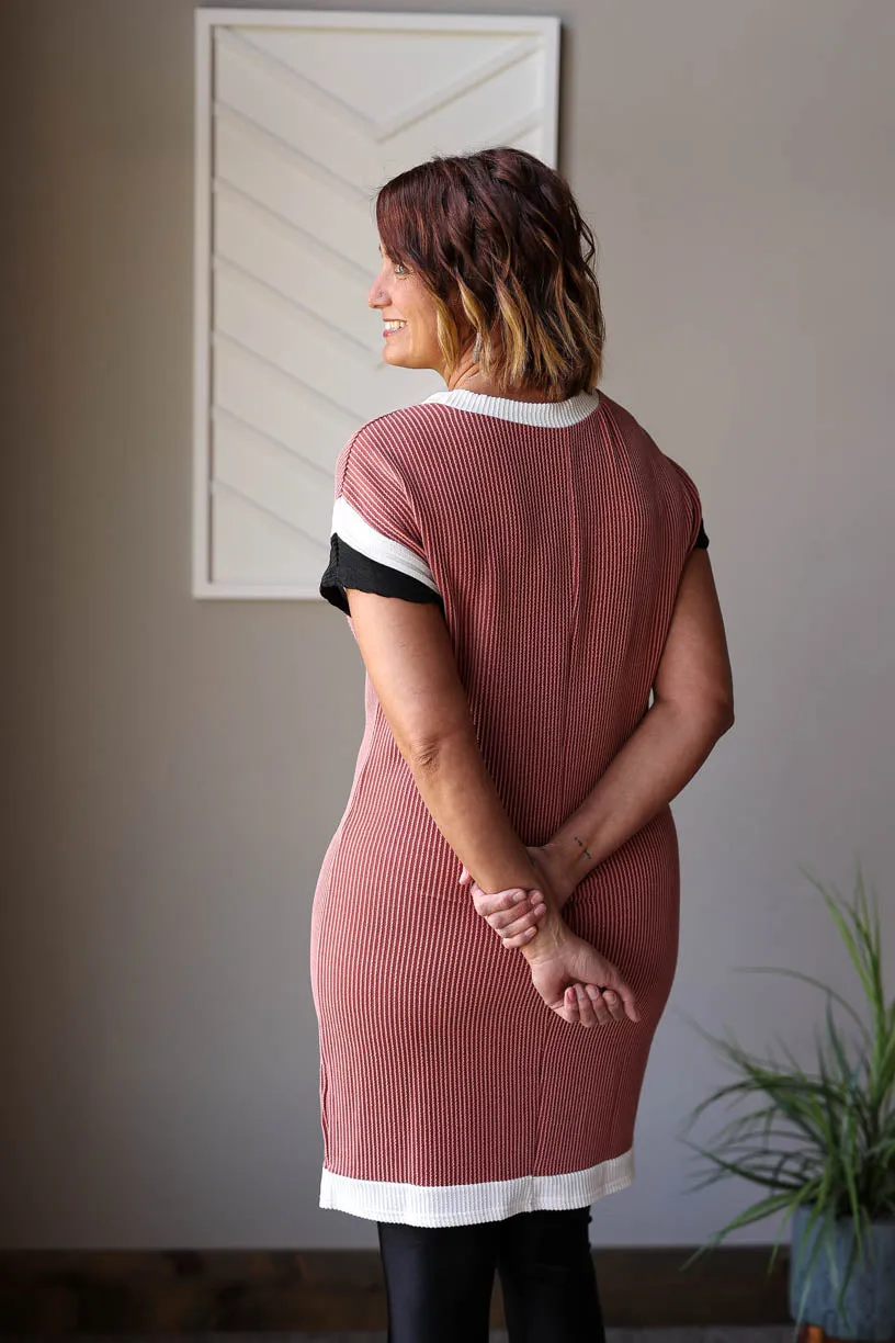 Mocha Textured Colorblock T-Shirt Dress