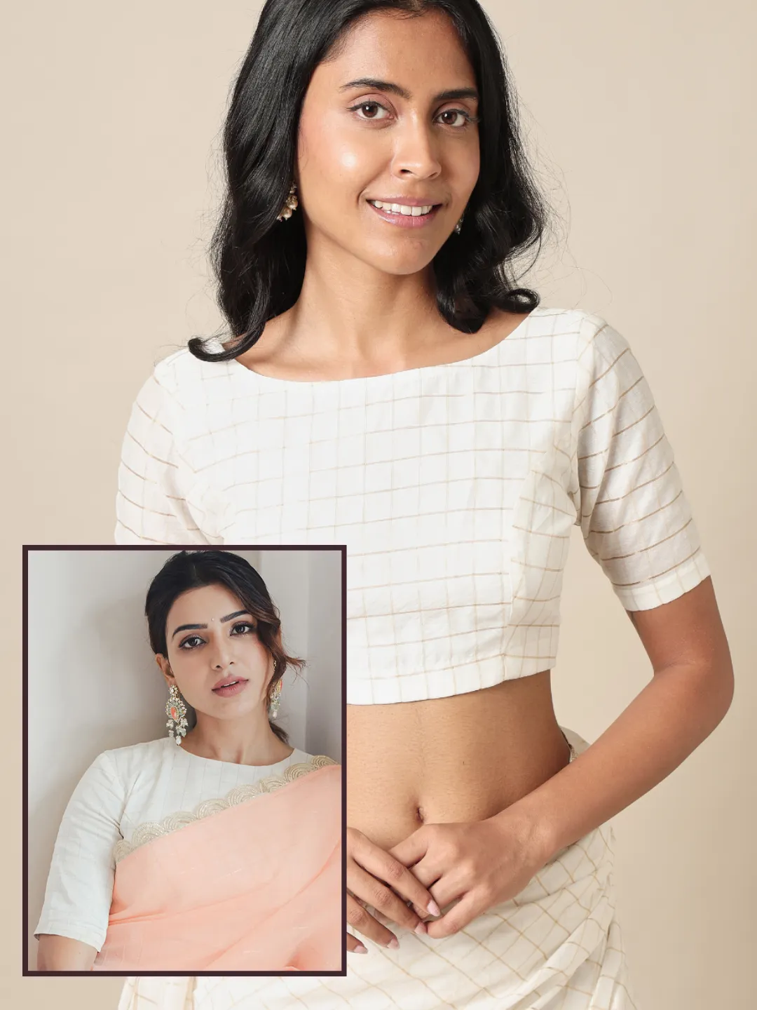Mulla Zari Chequered Off White Blouse