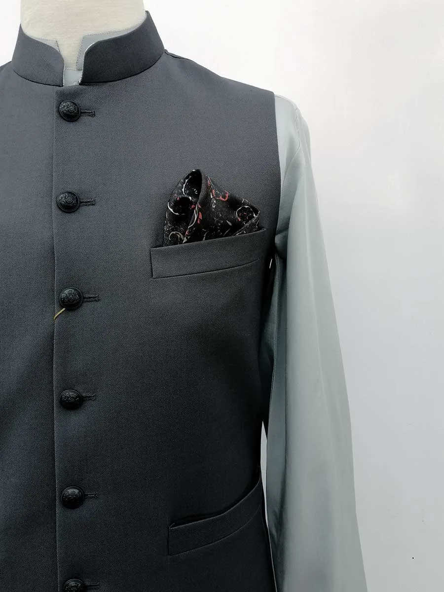 Nabeel & Aqeel Waistcoat Thunder Grey Black Button Tropical Fabric NWCB0071