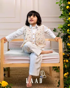 Off-White Cotton Festive Ensemble with Embroidered Waistcoat for Boys