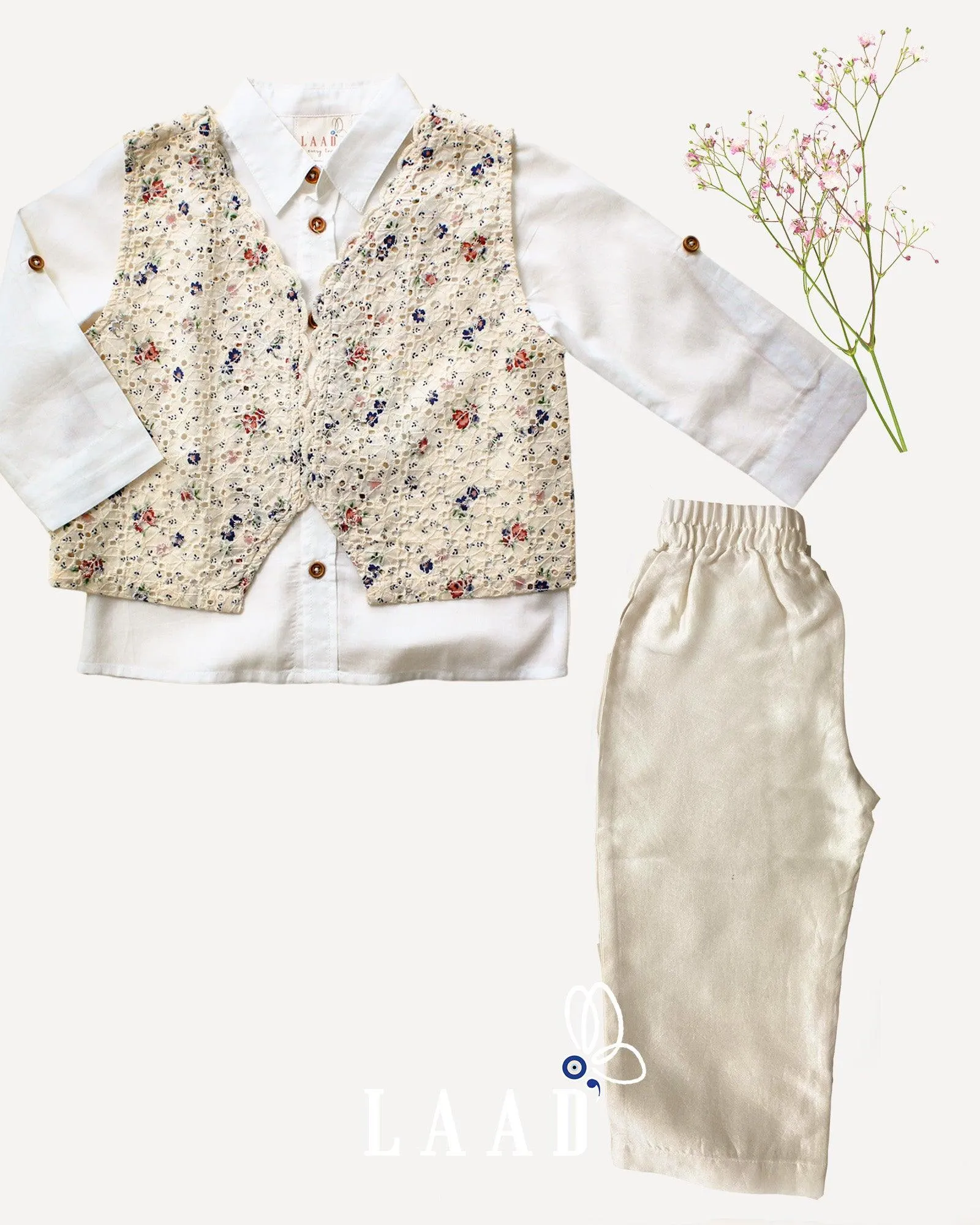 Off-White Cotton Festive Ensemble with Embroidered Waistcoat for Boys
