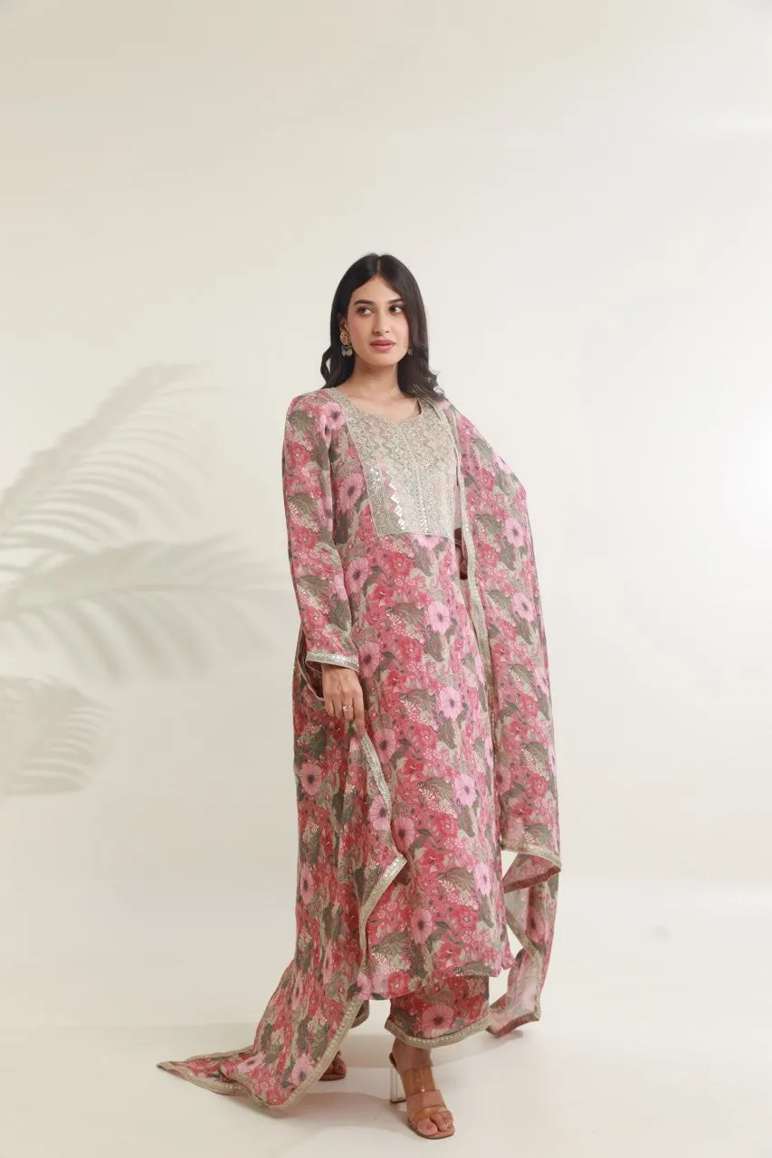 Pink jaal floral digital print viscose chinon fabric kurta set