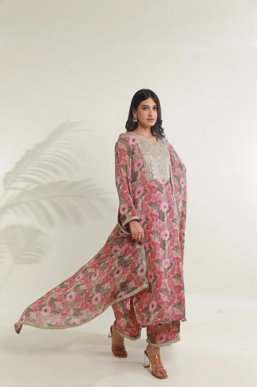 Pink jaal floral digital print viscose chinon fabric kurta set