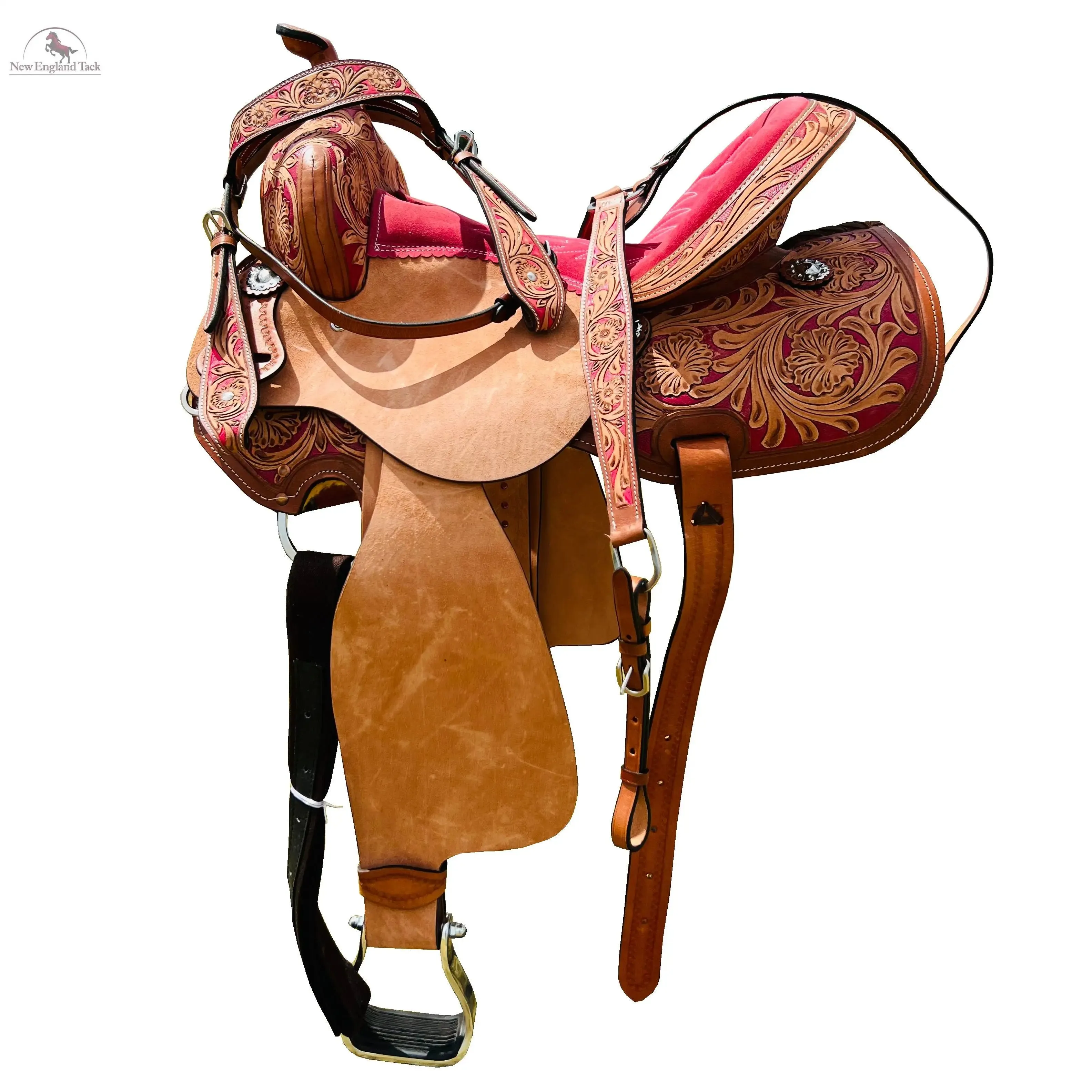 Resistance Adult Western Horse Barrel Saddle For Horse Riding | Floral Tooled With Silver Conchos | Genuine Leather 14" 15" 16" with Free Tack set