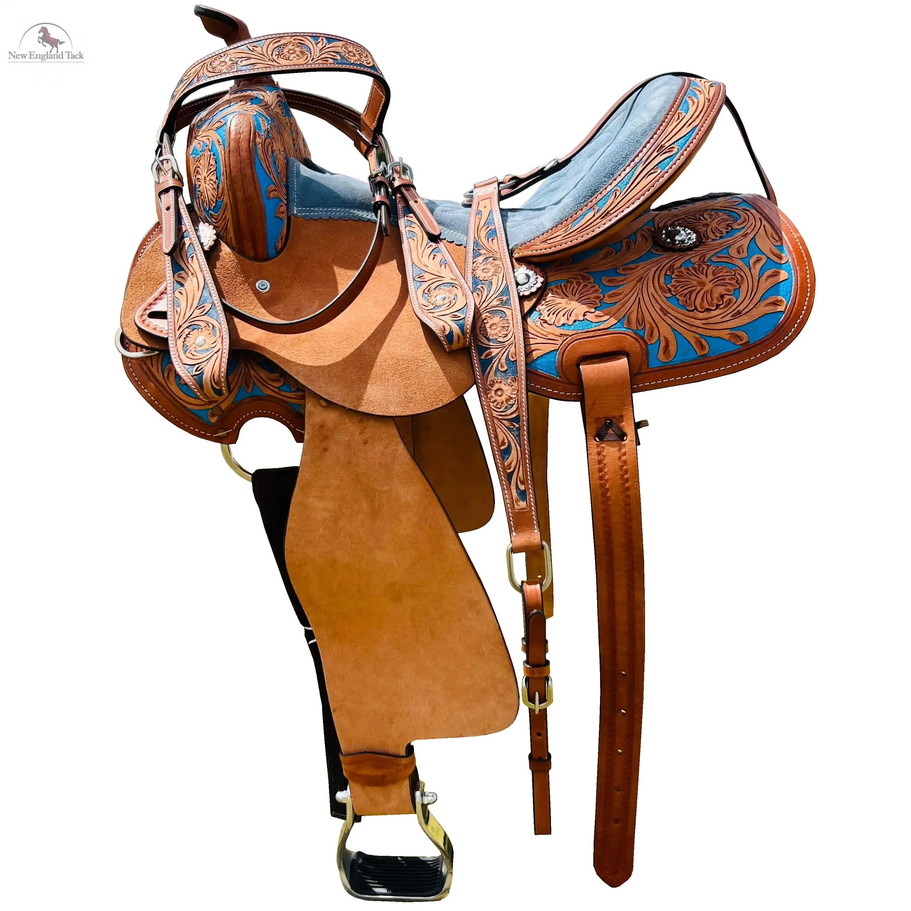 Resistance Adult Western Horse Barrel Saddle For Horse Riding | Floral Tooled With Silver Conchos | Genuine Leather 14" 15" 16" with Free Tack set