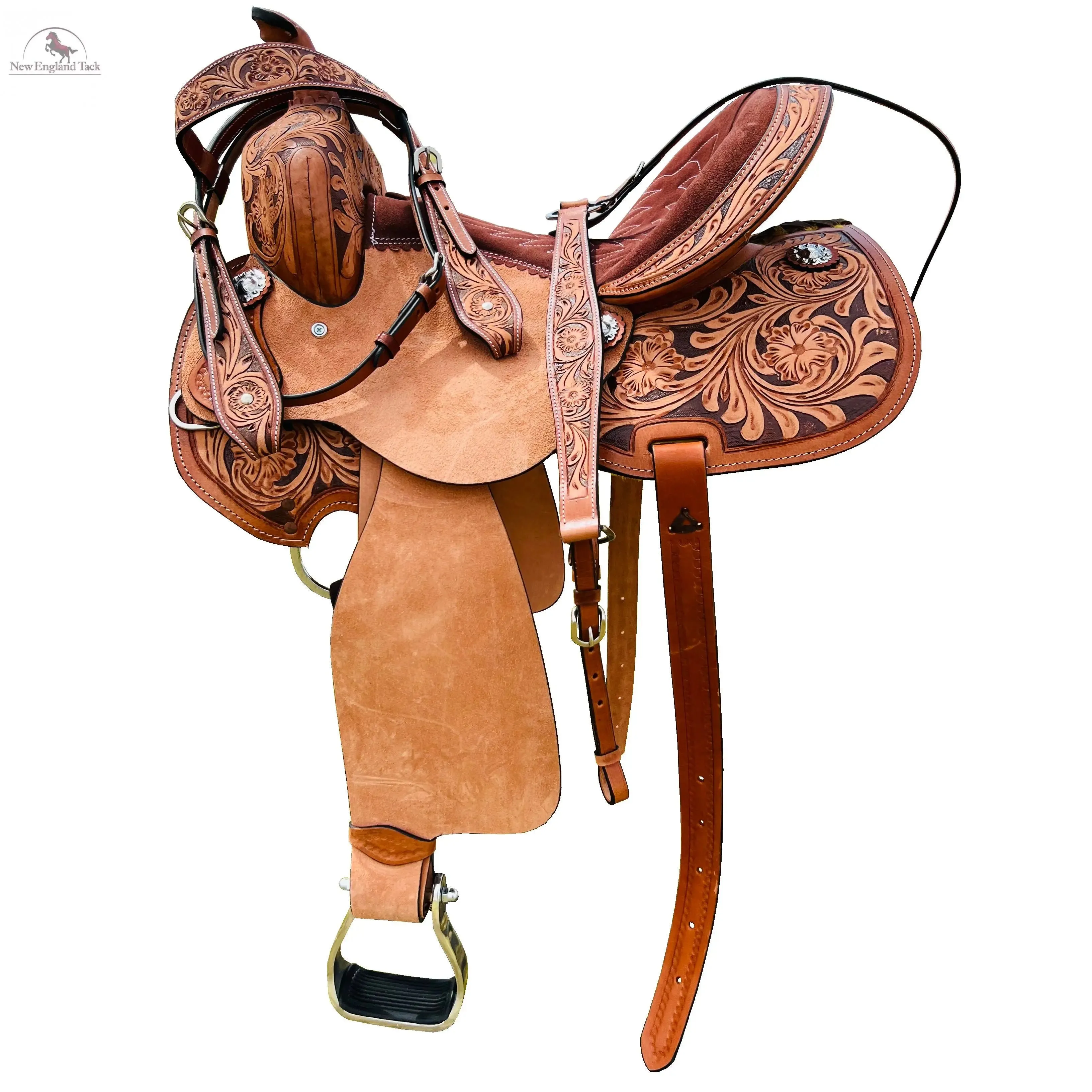 Resistance Adult Western Horse Barrel Saddle For Horse Riding | Floral Tooled With Silver Conchos | Genuine Leather 14" 15" 16" with Free Tack set