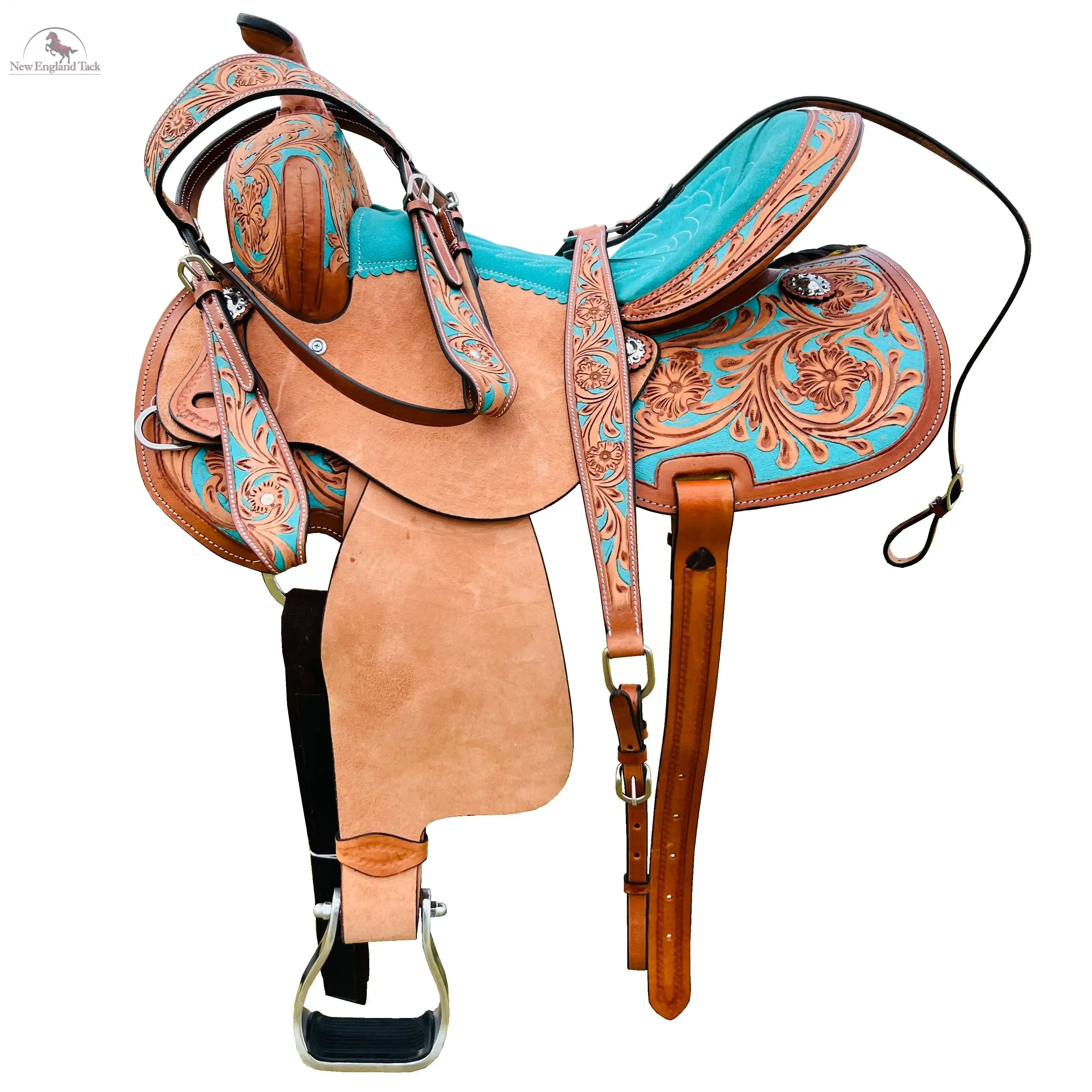 Resistance Adult Western Horse Barrel Saddle For Horse Riding | Floral Tooled With Silver Conchos | Genuine Leather 14" 15" 16" with Free Tack set