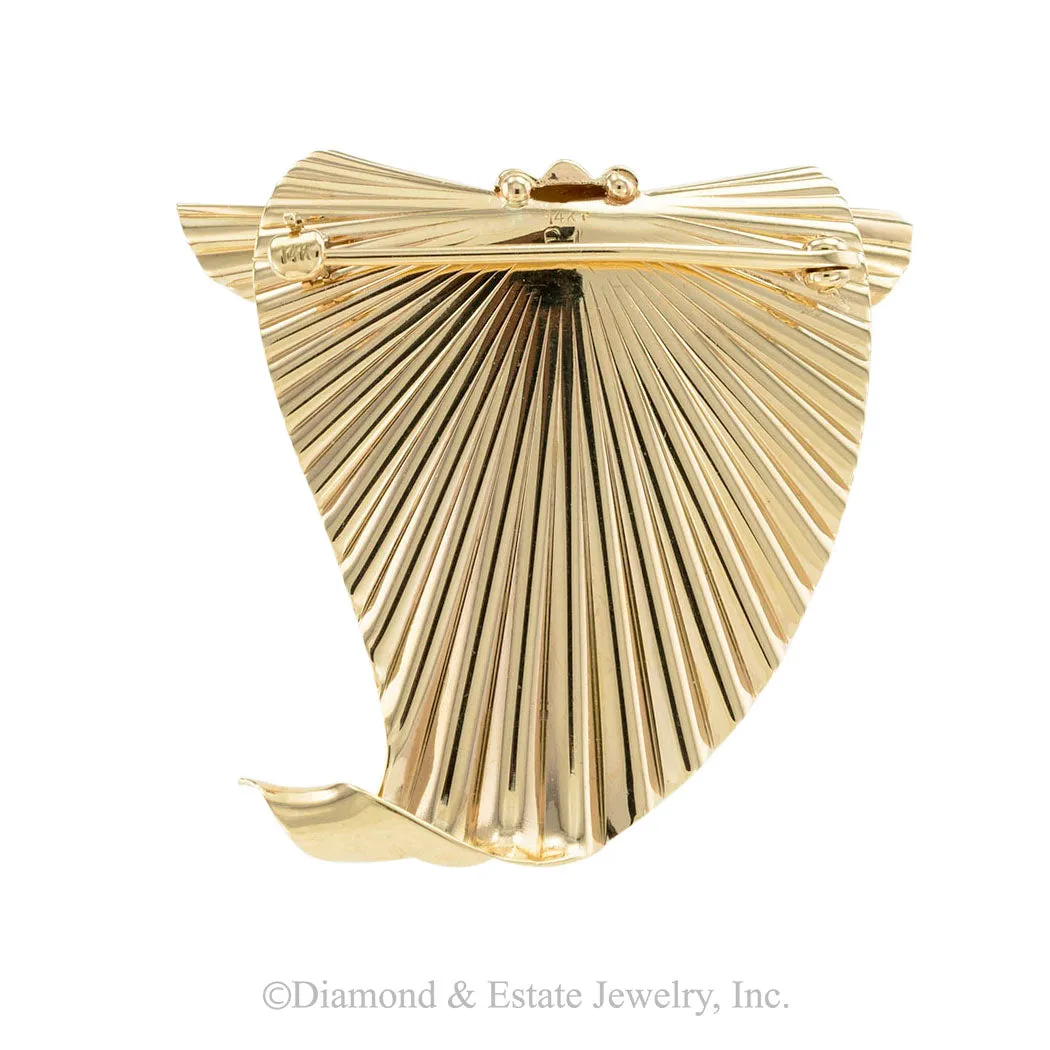 Retro Yellow Gold Brooch Matching Clip On Earrings Set