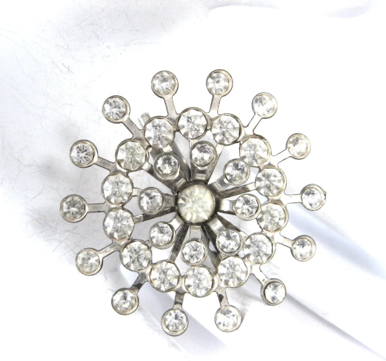 Rhinestone Snowflake Crystal Sunburst Brooch Pin Starburst 1940s Wedding Tea Party