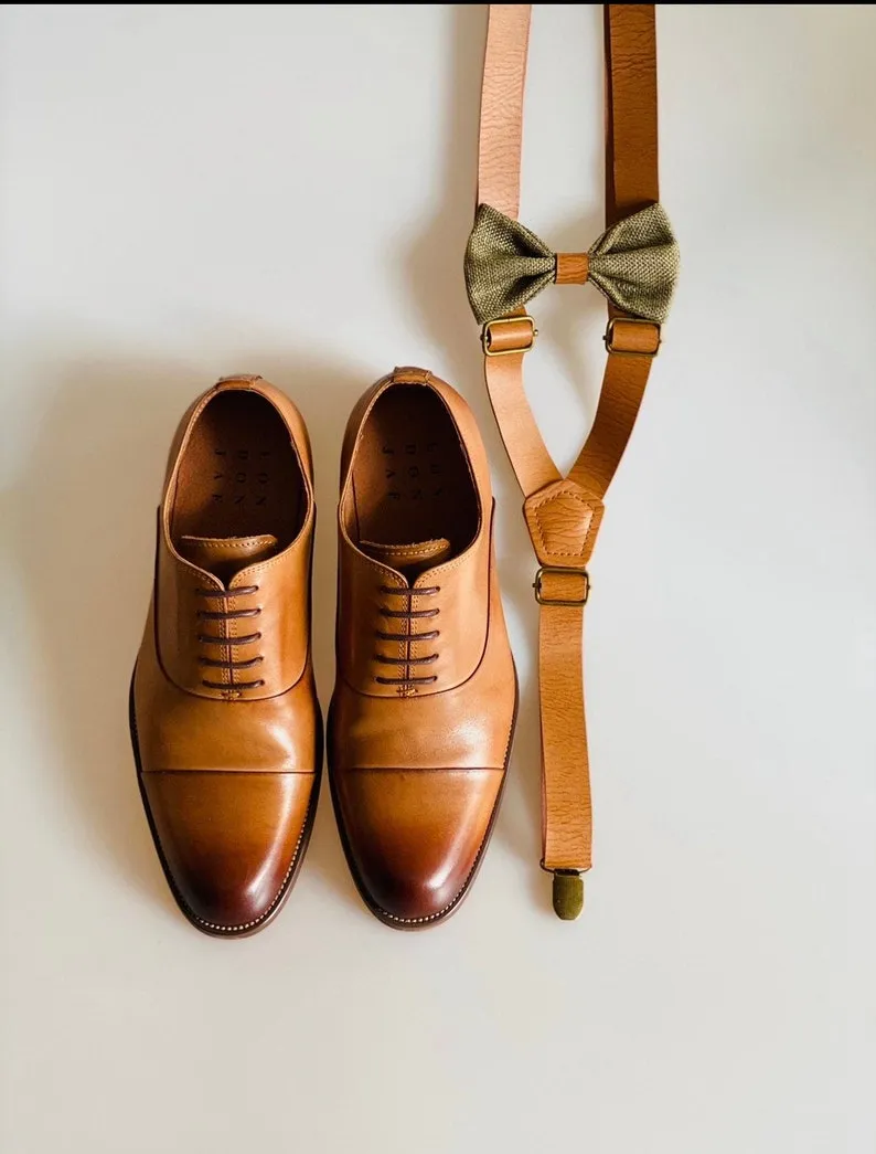 Sage Green Bow Tie with Brown Faux Leather Center and Vintage Tan Suspenders Set