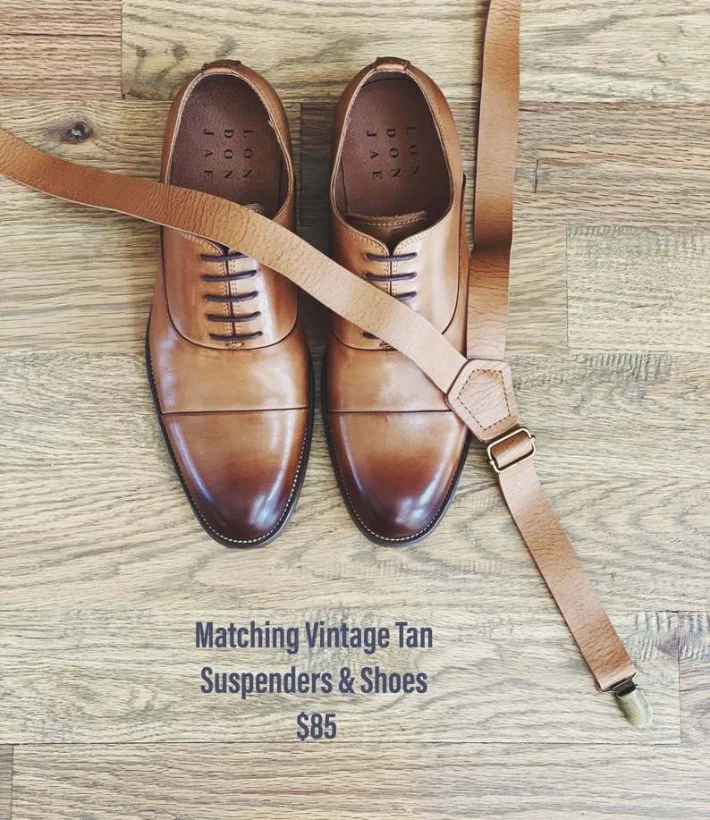Sage Green Bow Tie with Brown Faux Leather Center and Vintage Tan Suspenders Set