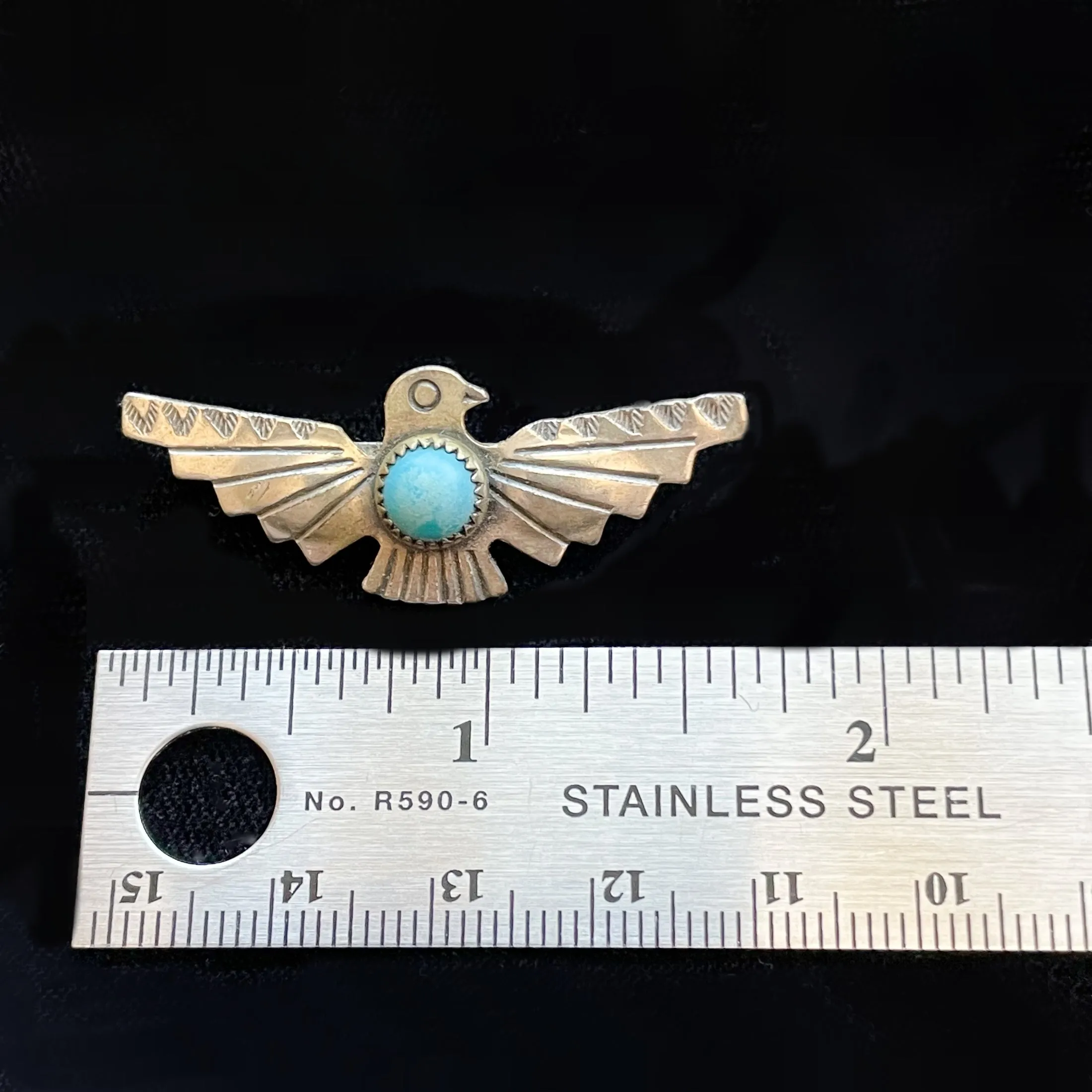 SOLD Bell Trading Vintage Sterling Silver Turquoise Thunderbird Brooch, Unworn Original Card