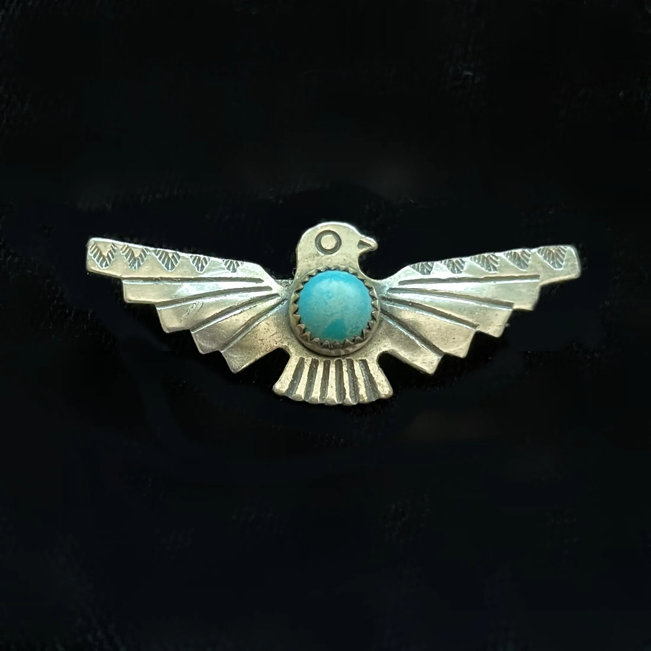 SOLD Bell Trading Vintage Sterling Silver Turquoise Thunderbird Brooch, Unworn Original Card