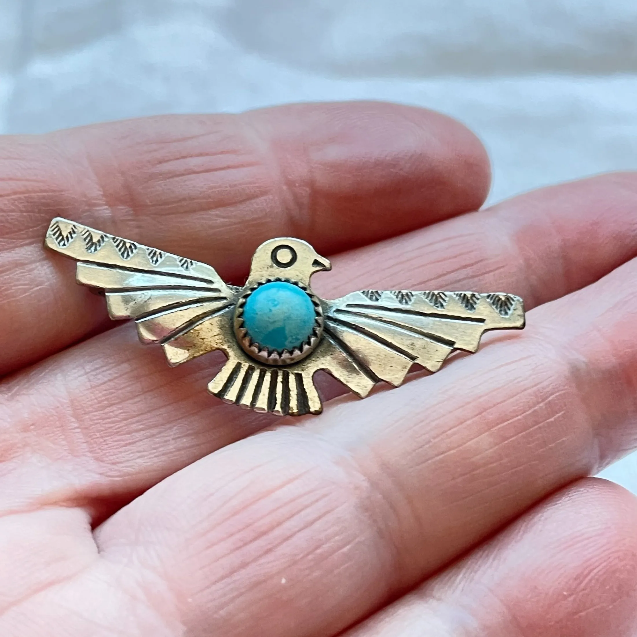 SOLD Bell Trading Vintage Sterling Silver Turquoise Thunderbird Brooch, Unworn Original Card