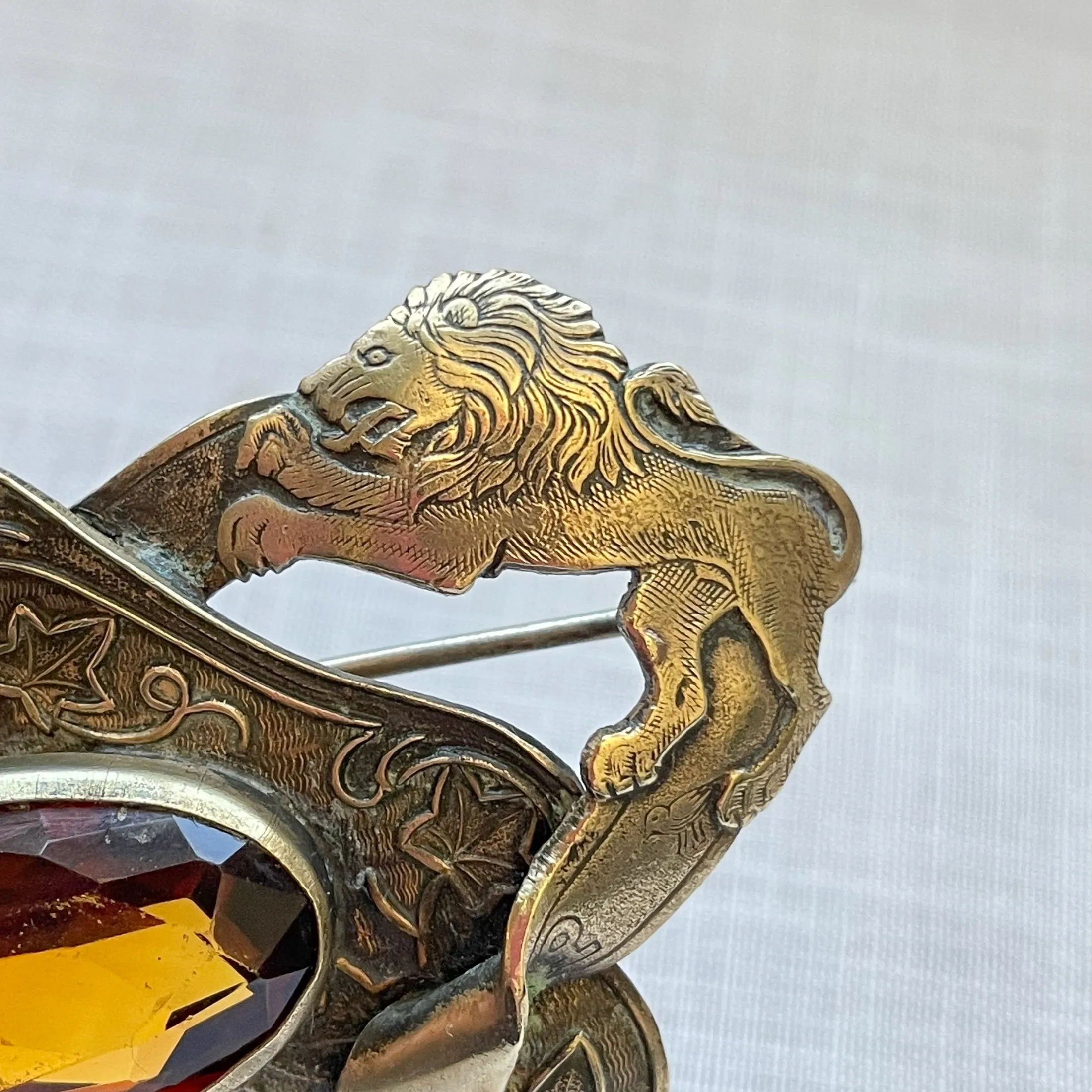 SOLD Vintage Large Art Nouveau Brooch Lion/Snake Glass Topaz Stone