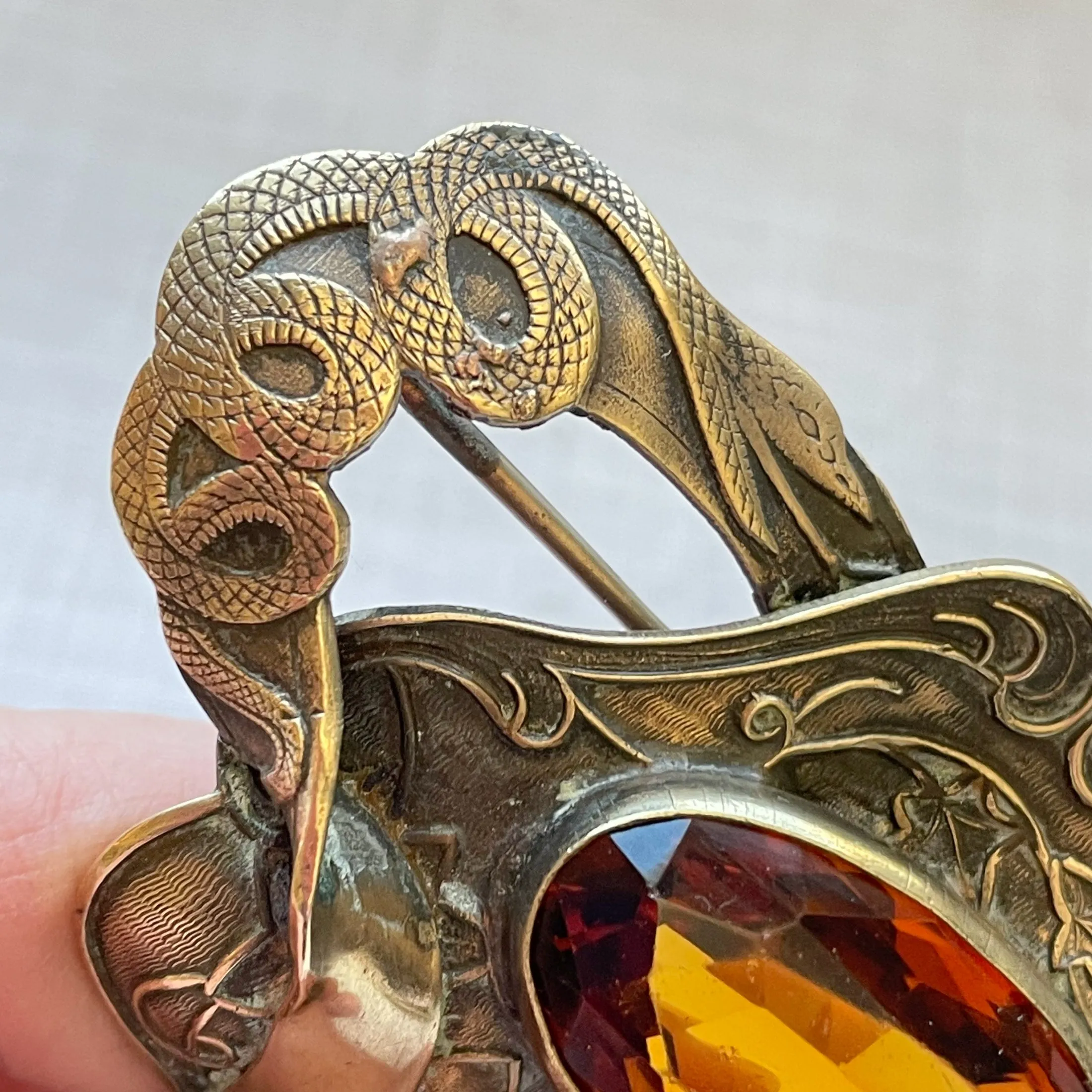SOLD Vintage Large Art Nouveau Brooch Lion/Snake Glass Topaz Stone