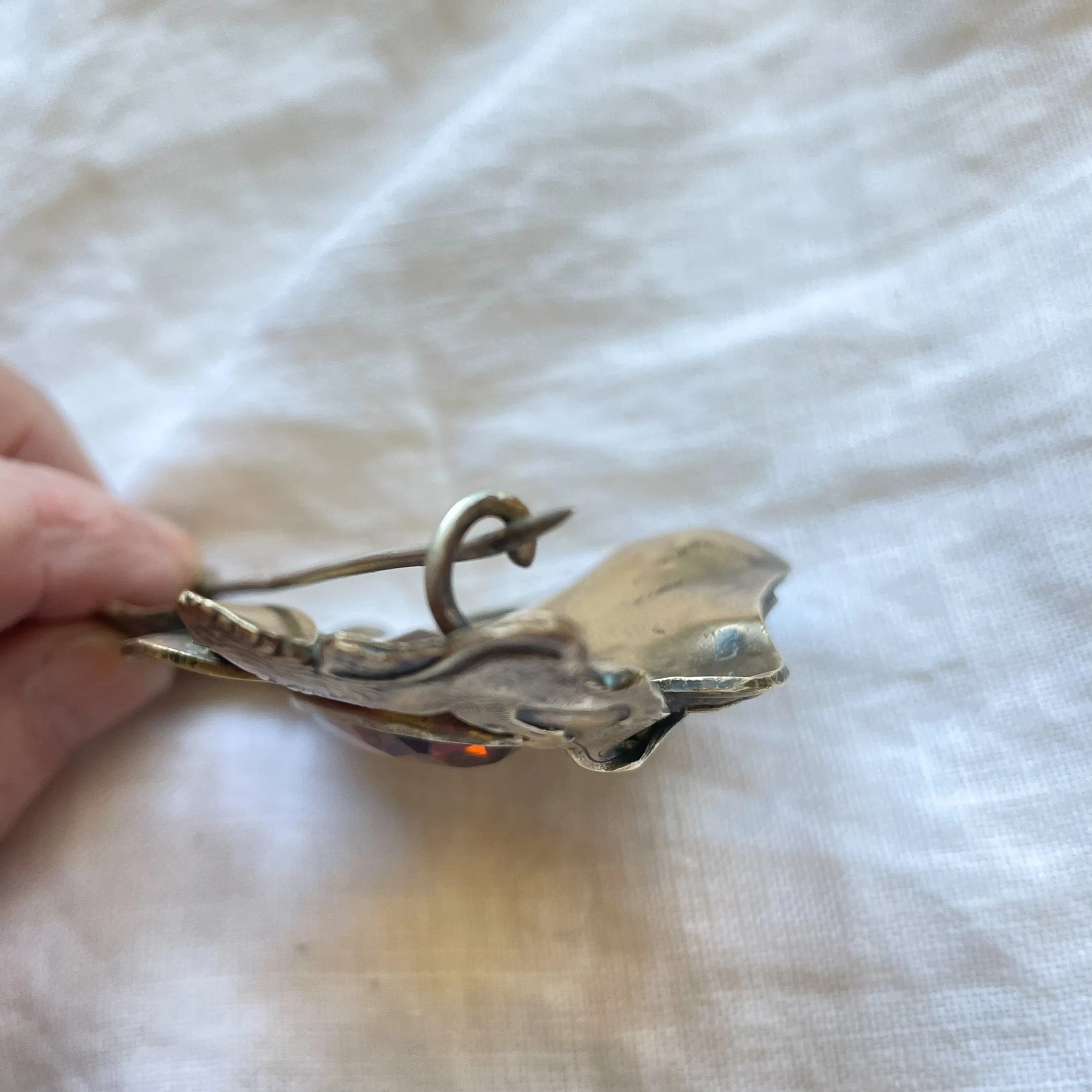 SOLD Vintage Large Art Nouveau Brooch Lion/Snake Glass Topaz Stone