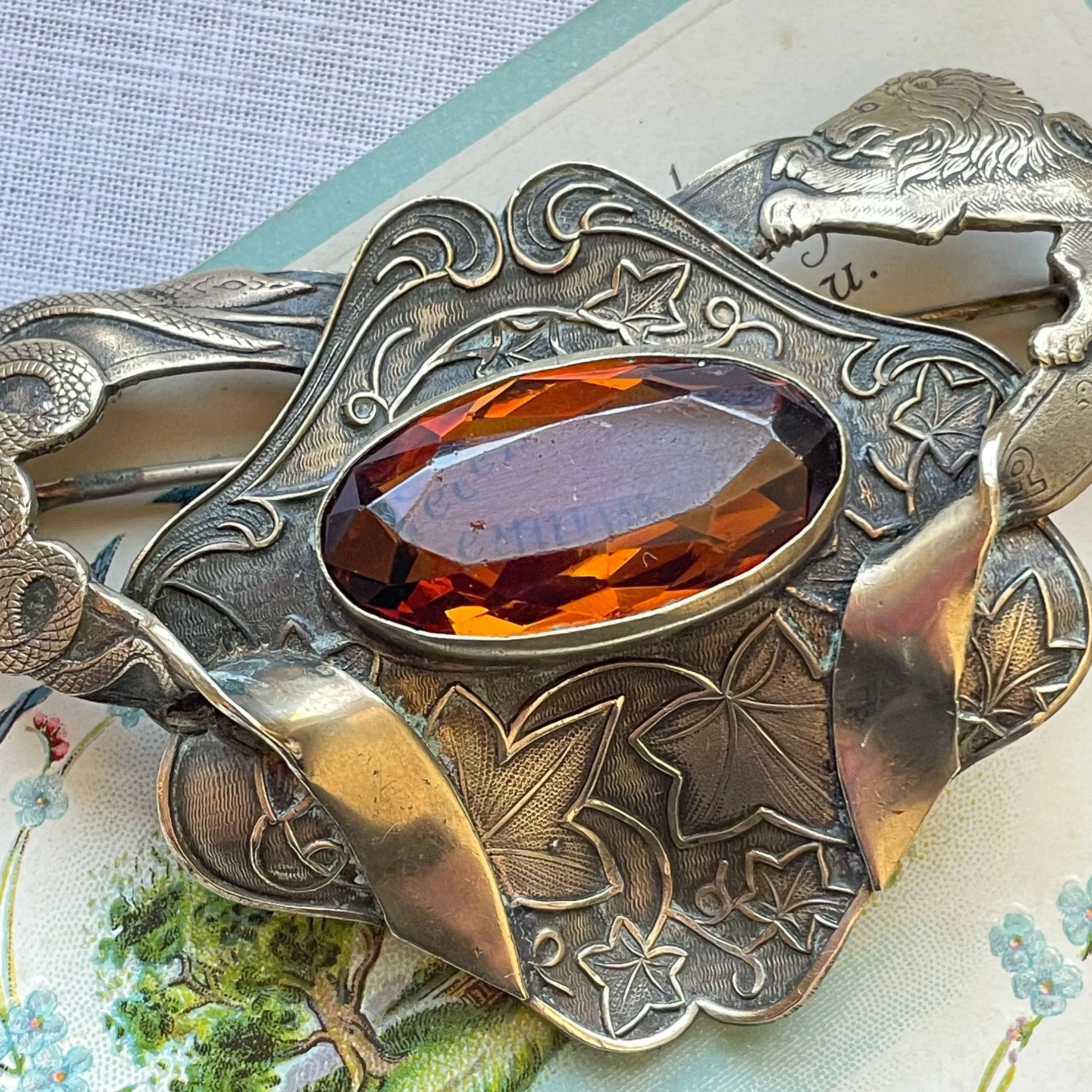 SOLD Vintage Large Art Nouveau Brooch Lion/Snake Glass Topaz Stone