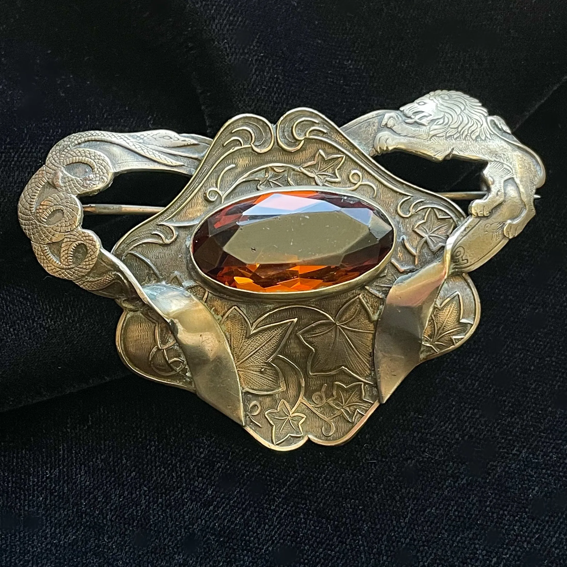 SOLD Vintage Large Art Nouveau Brooch Lion/Snake Glass Topaz Stone