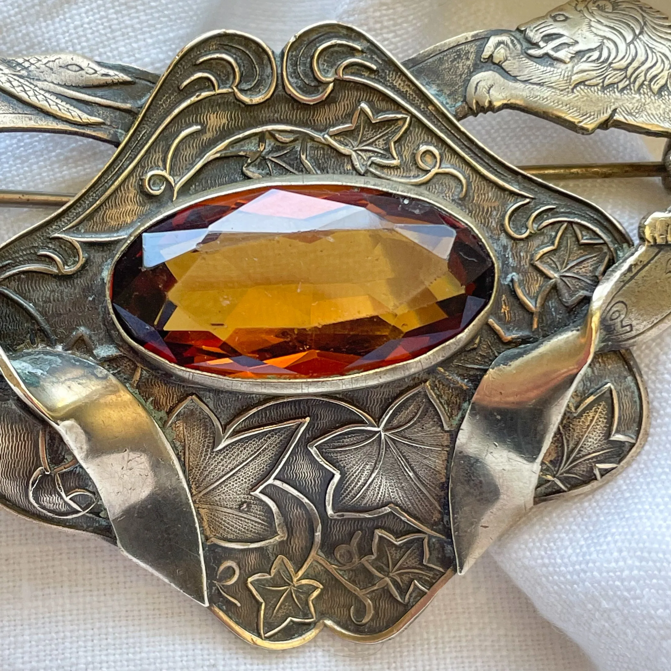 SOLD Vintage Large Art Nouveau Brooch Lion/Snake Glass Topaz Stone
