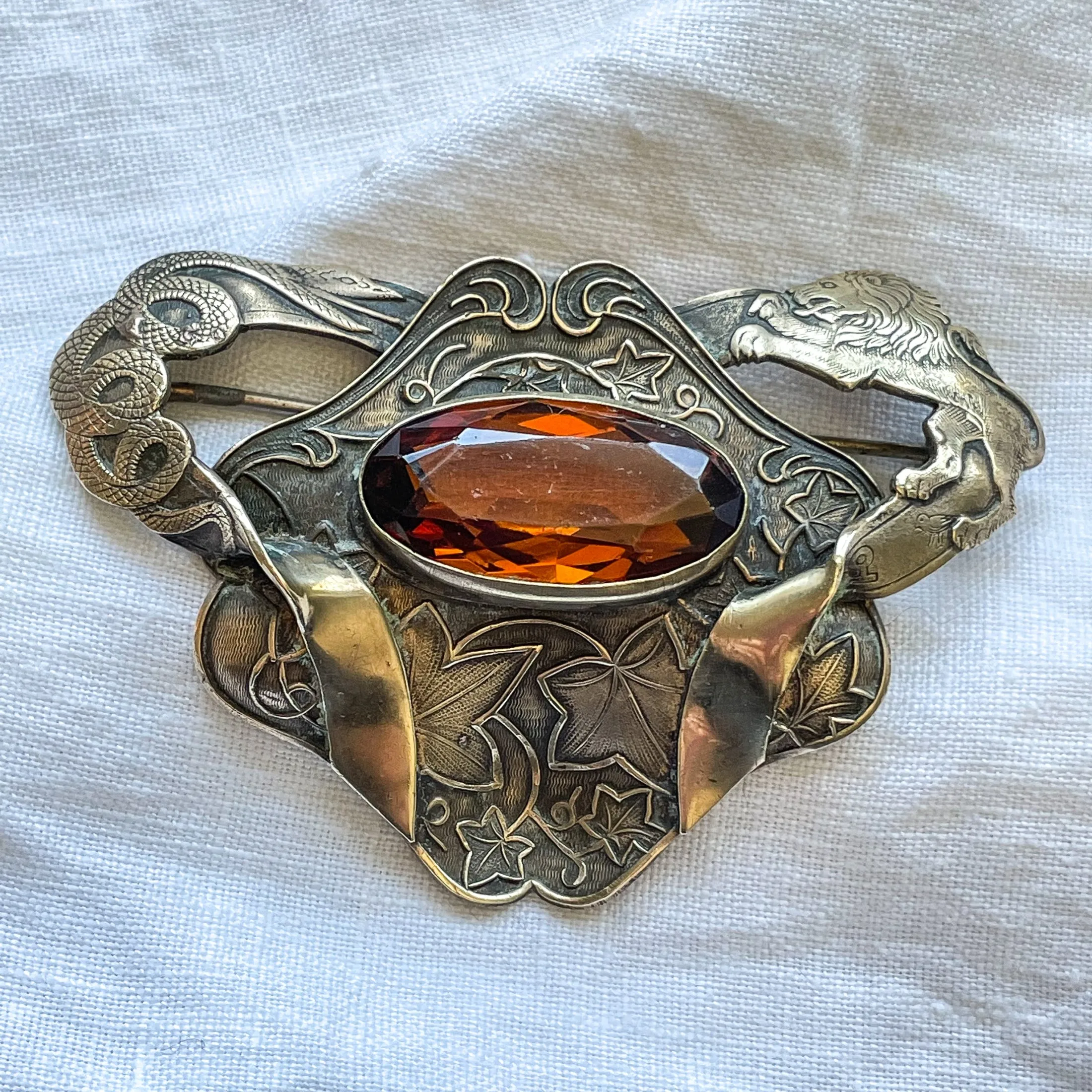 SOLD Vintage Large Art Nouveau Brooch Lion/Snake Glass Topaz Stone