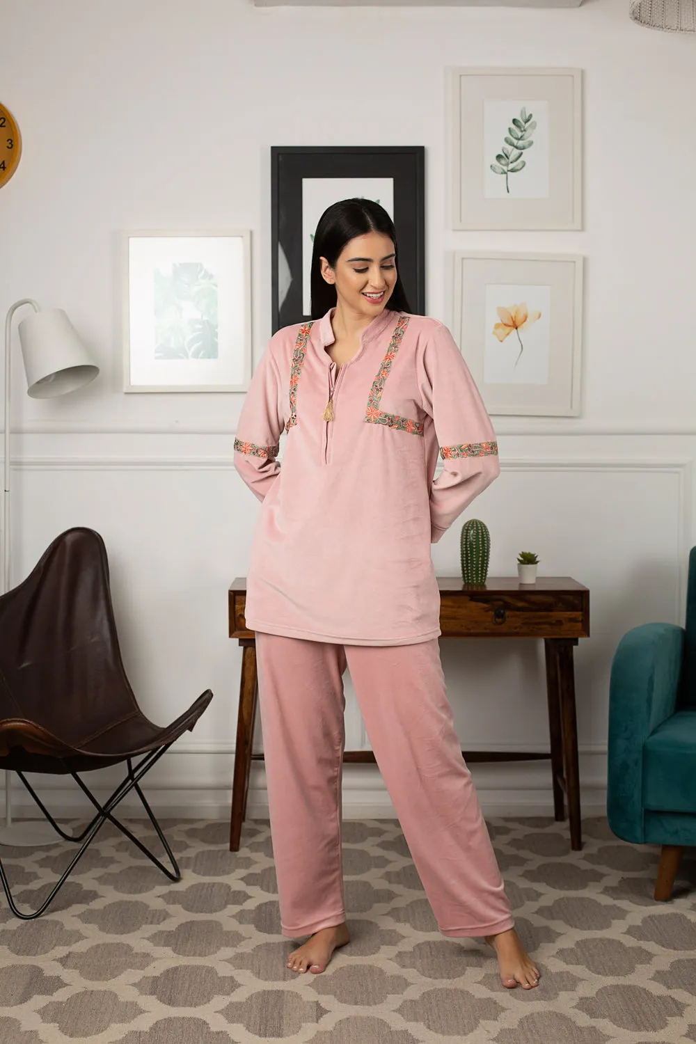 Super soft Velvet Night suit with Lace detail