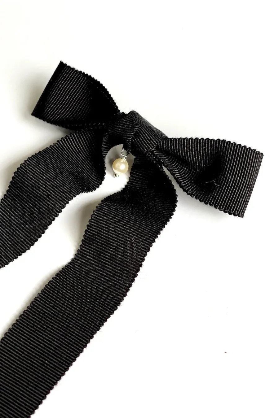 Swarovski Pearl Grosgrain Bow | Petersham Grosgrain | Petite Bow with Tails | Luxury Designer Hair Piece | Made to Order