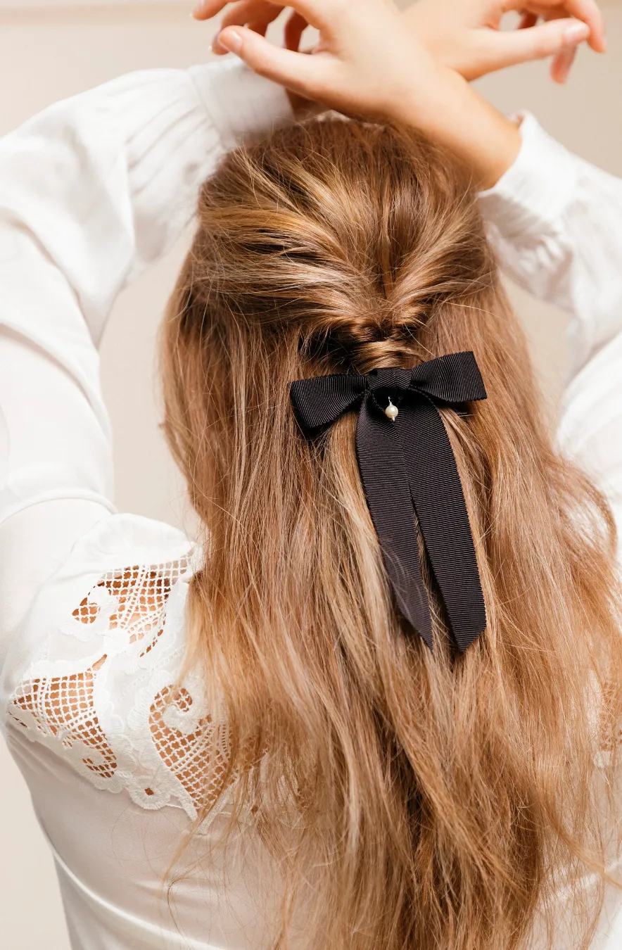 Swarovski Pearl Grosgrain Bow | Petersham Grosgrain | Petite Bow with Tails | Luxury Designer Hair Piece | Made to Order