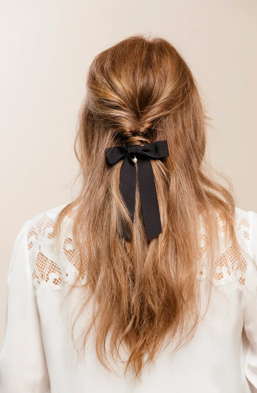 Swarovski Pearl Grosgrain Bow | Petersham Grosgrain | Petite Bow with Tails | Luxury Designer Hair Piece | Made to Order