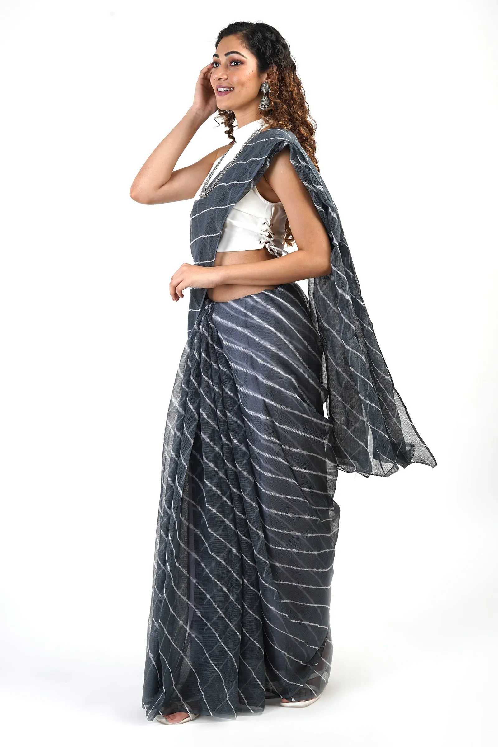Teejh Aadisha Grey Kota Leheriya Saree with Blouse Piece