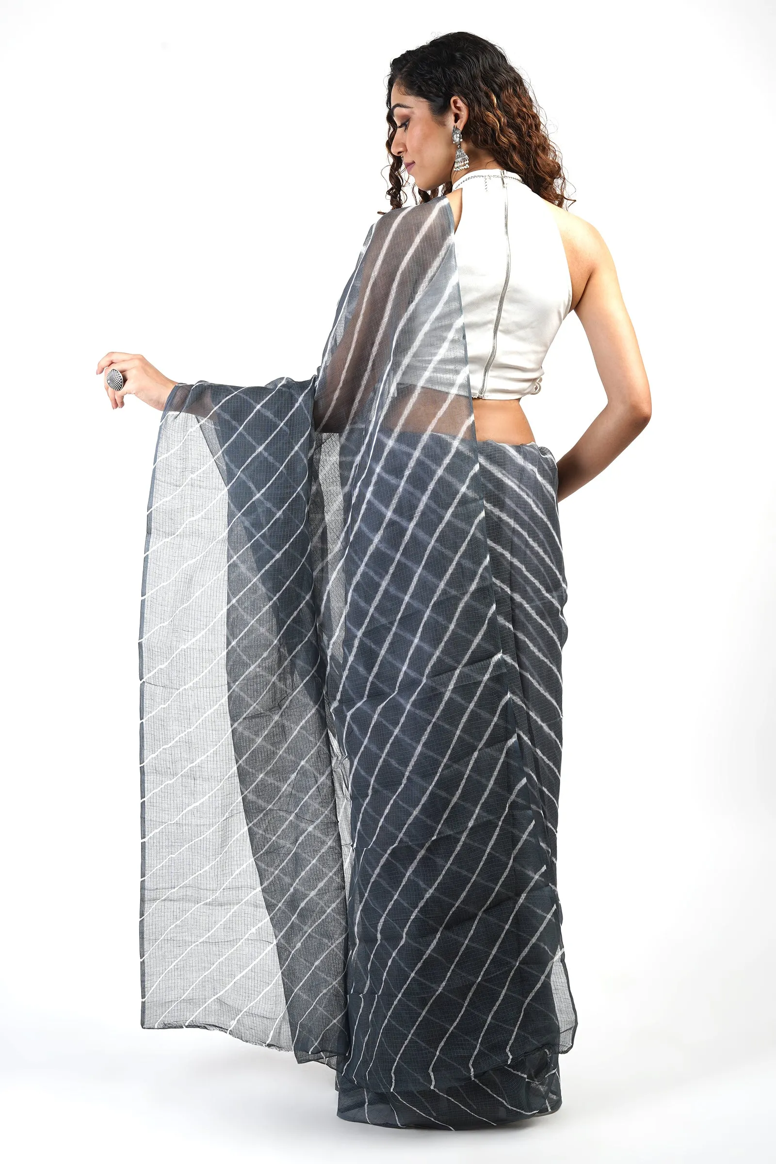 Teejh Aadisha Grey Kota Leheriya Saree with Blouse Piece