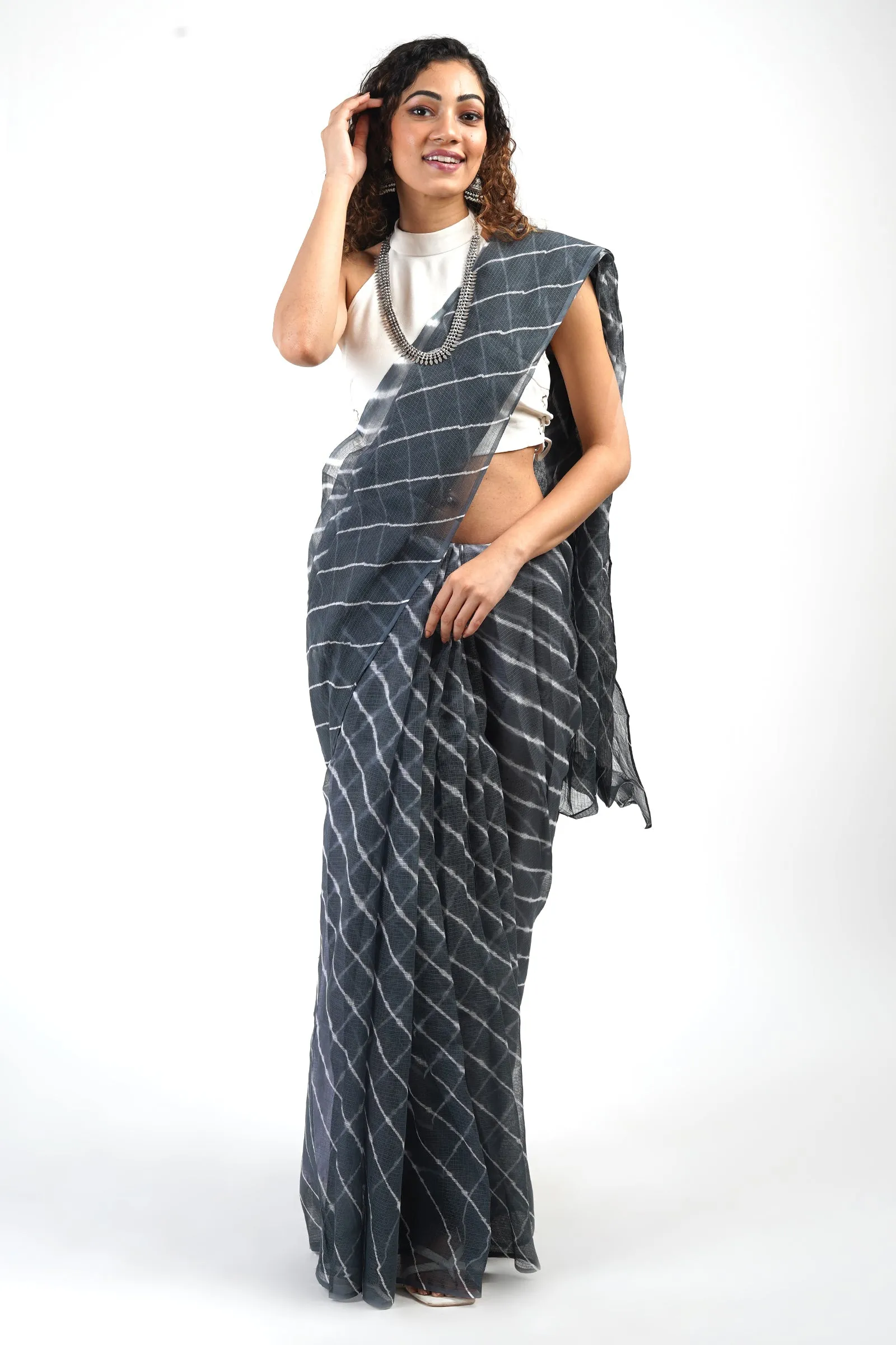 Teejh Aadisha Grey Kota Leheriya Saree with Blouse Piece