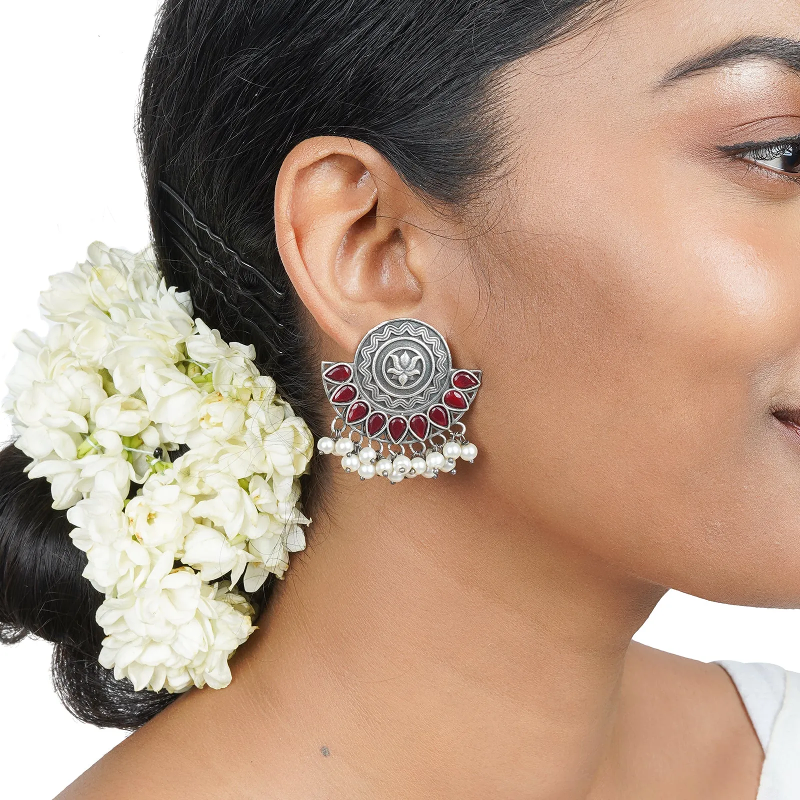 Teejh Hardika Red  Stone Silver Oxidised Earrings
