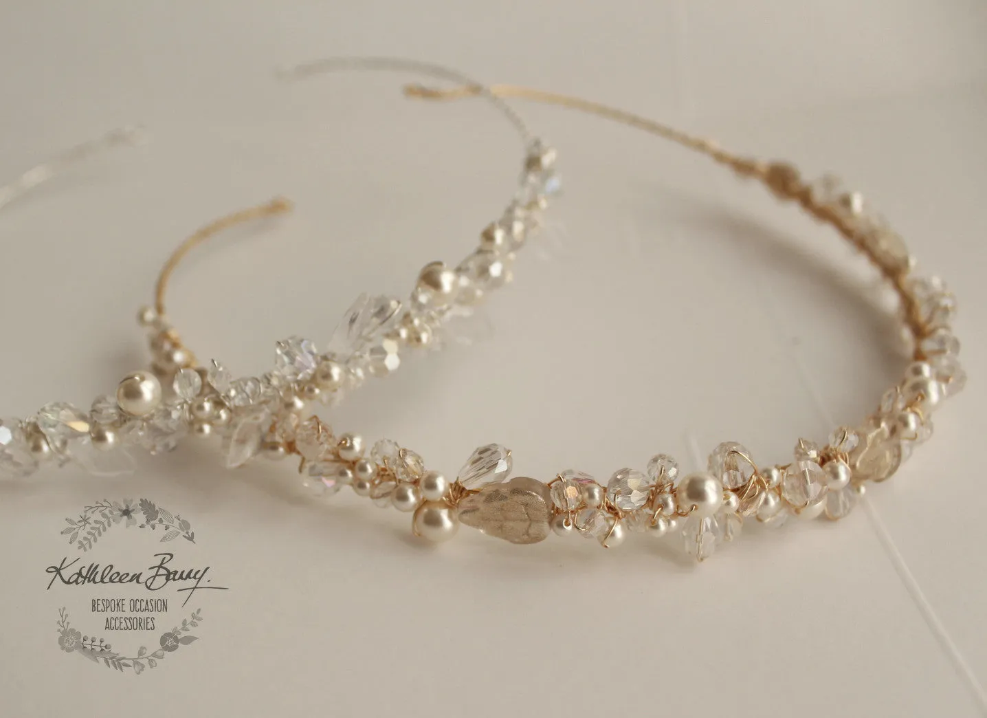 Veronique leaf detail crystal & pearl head band or tiara available in Silver, gold or rose gold finish