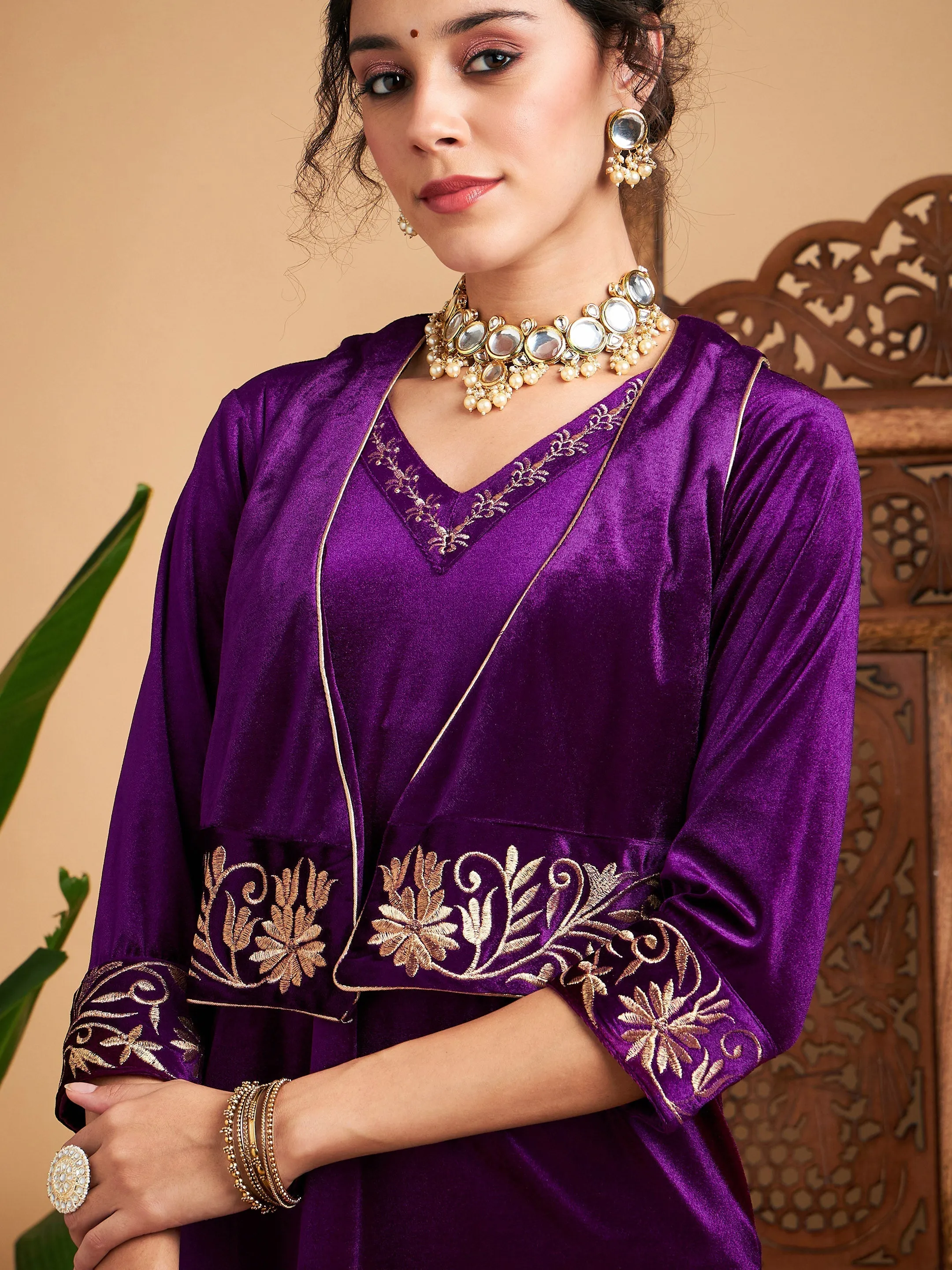 Women Purple Zari Velvet Straight Kurta Set With WaistCoat