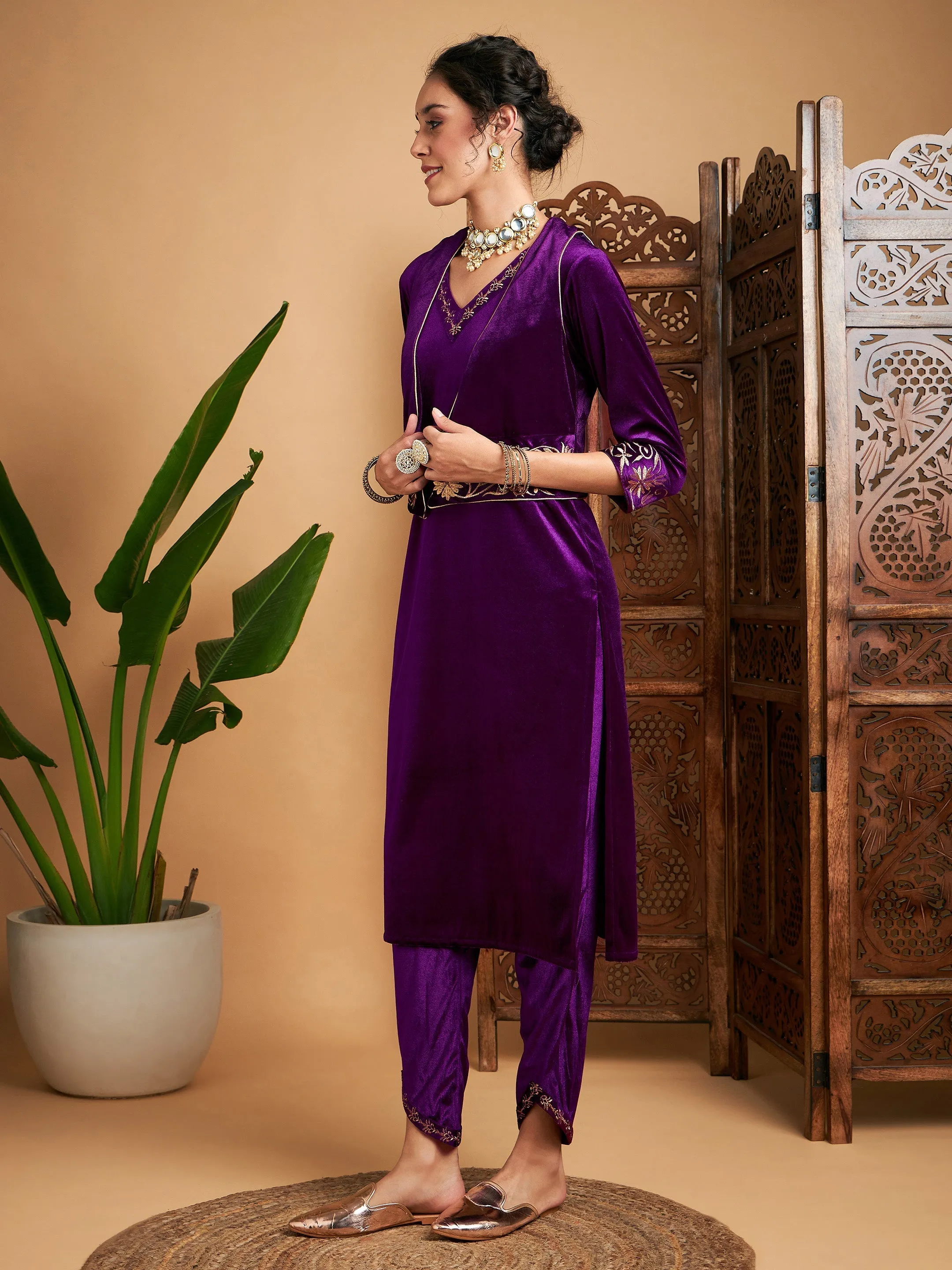 Women Purple Zari Velvet Straight Kurta Set With WaistCoat